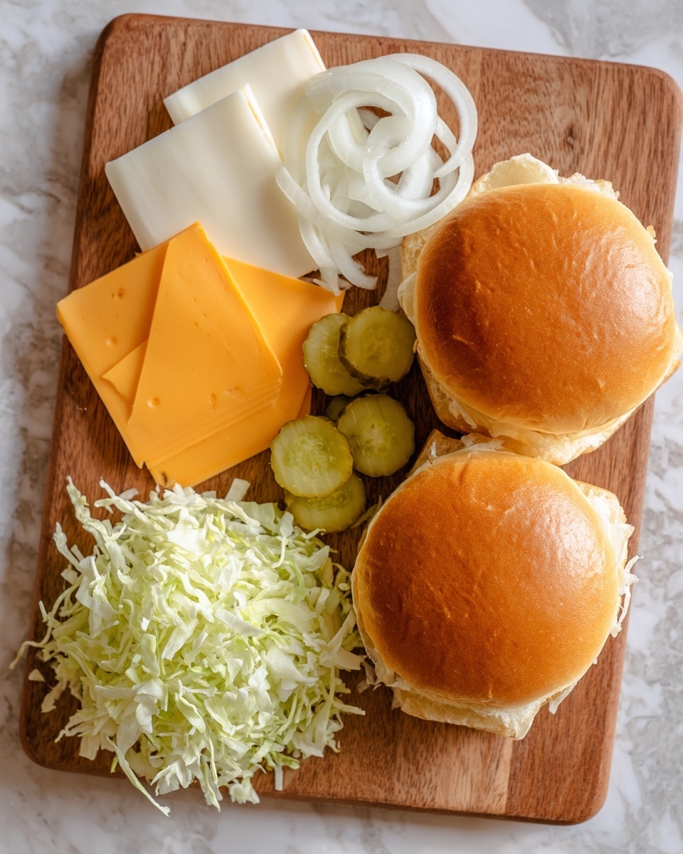 This image shows a wooden board with ingredients for a sandwich placed on it. On the right side, there are two soft, golden-brown buns, slightly shiny on top. To the left of the buns, there is a small stack of two slices of cheese, the top slice is bright orange, and the slice under it is white, both square-shaped. Next to the cheese is a loose pile of thinly shredded light green lettuce, with some parts spread towards the cheese. On the far left of the board, there are thinly sliced white onion pieces, curved and slightly separated. A few small green pickles can be seen partially under the buns. The background is a white marbled texture. photo taken with an iphone --ar 4:5 --v 7