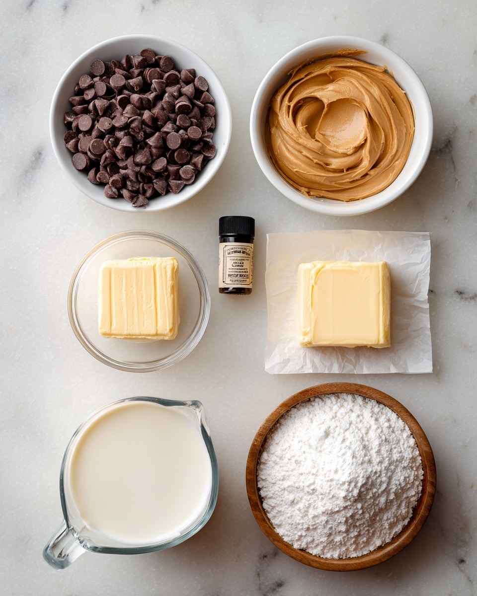 A flat lay of seven ingredient containers arranged on a white marbled surface: top left, a white bowl filled with shiny dark brown chocolate chips; top right, a white bowl with smooth light brown peanut butter; middle left, a small clear bowl holding a square pale yellow butter block; center, a small black bottle labeled vanilla; middle right, a small square piece of pale yellow butter on white parchment paper; bottom left, a glass measuring cup with thick creamy off-white condensed milk; bottom right, a round wooden bowl filled with fine white powdered sugar piled high. All items are spaced evenly in a pleasing arrangement. Photo taken with an iphone --ar 4:5 --v 7