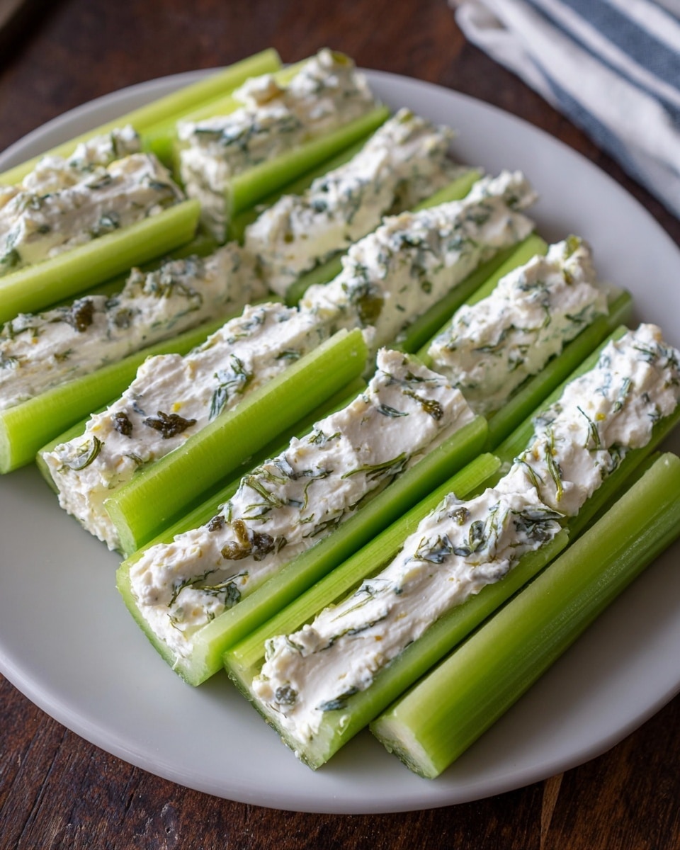 The image shows a white plate filled with several long celery sticks, each hollowed out and filled with a thick, creamy white mixture that appears to contain small green and black herb pieces. The celery sticks are arranged neatly in rows, with their light green color contrasting against the white filling. The texture of the filling looks soft and slightly rough due to the herbs mixed inside. The plate sits on a dark brown wooden surface with a small striped cloth visible in the background. photo taken with an iphone --ar 4:5 --v 7