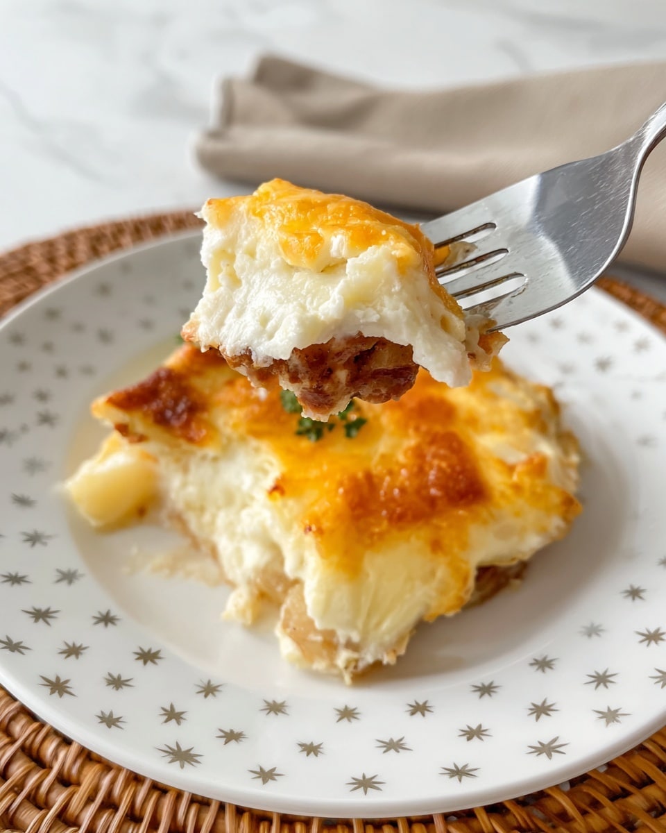 The image shows a white plate with small gray star and dot patterns holding a portion of a baked dish, which has three layers: a golden melted cheese top layer with a slightly crispy texture, a smooth and thick white middle layer, and a brown layer underneath that looks like a savory sauce with diced potatoes or similar pieces. A fork holds a bite-sized piece of the dish close to the camera, showing all three layers clearly. The background is a white marbled surface with a woven placemat and a beige cloth blurred in the back. photo taken with an iphone --ar 4:5 --v 7