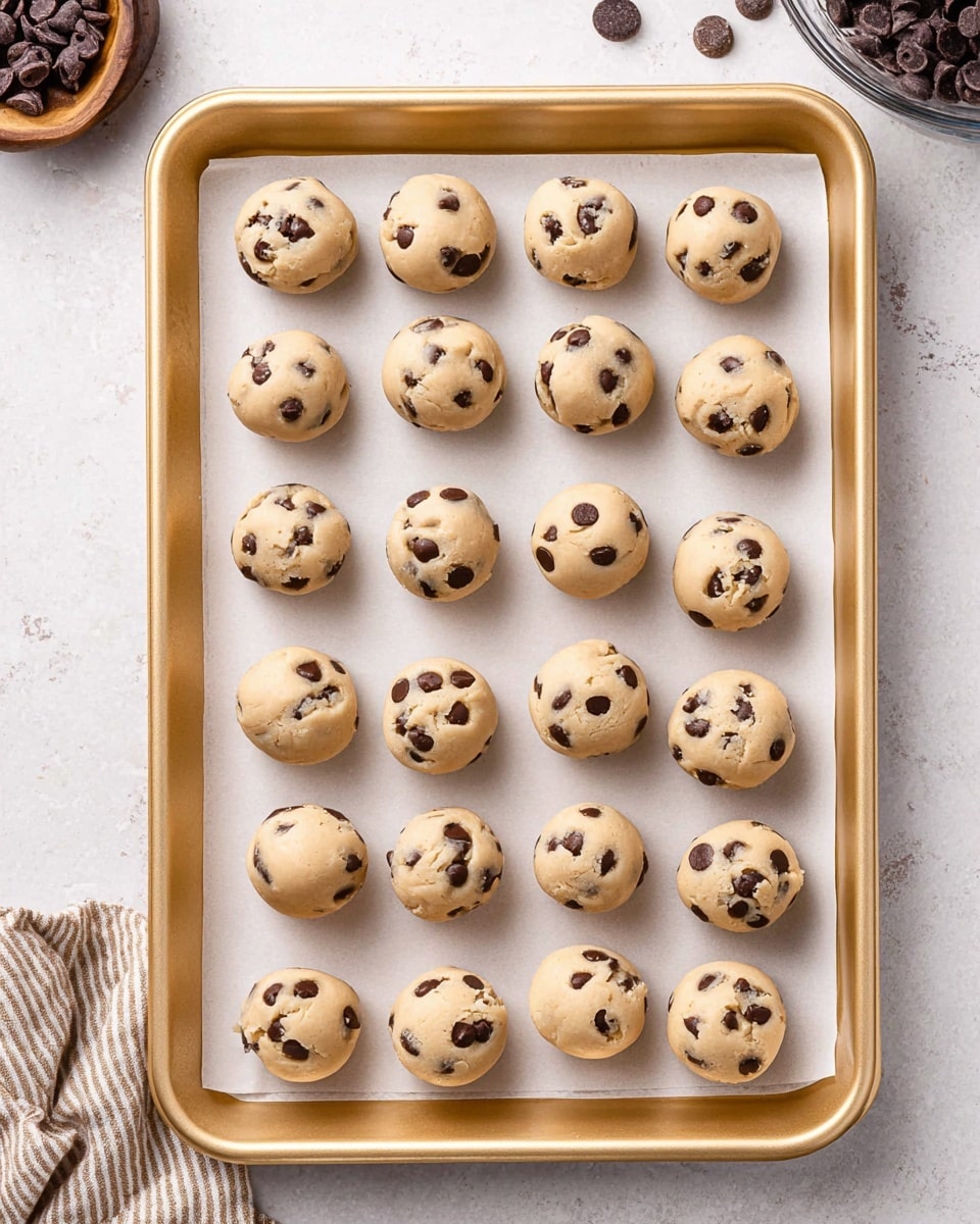 The image shows a gold baking tray lined with white parchment paper, holding 30 small round balls of chocolate chip cookie dough. The dough is light beige with dark brown large chocolate chips sprinkled on and inside each ball. The balls are evenly spaced in a 6 by 5 pattern, with some balls having three or more chocolate chips visible on the surface. The tray is placed on a white marbled surface with a small part of a dish towel and a bowl of dark chocolate chips visible on the edges. The lighting is bright and even, highlighting the soft texture of the dough. photo taken with an iphone --ar 4:5 --v 7