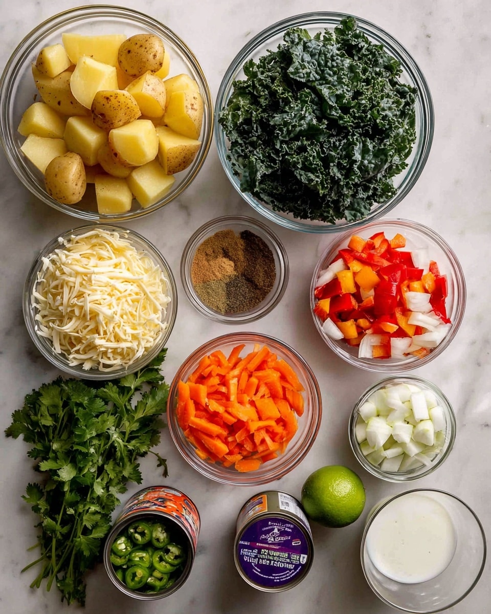 The image shows a top view of multiple clear glass bowls and ingredients arranged on a white marbled surface. One large bowl contains unevenly chunked yellow potatoes with skin on, placed on the left. A smaller bowl filled with shredded pale yellow cheese sits nearby. Another mid-sized bowl on the right holds chopped orange carrots, white onion pieces, and red bell pepper slices mixed together. Above these is a bowl full of dark green curly kale leaves. Two small bowls contain ground brown cumin and oregano spices side by side in the center. There is a bunch of fresh green cilantro with leaves and stems on the left. Near the center are a can of diced green chilies and a purple can of white cannellini beans. A small clear glass holds white cream. A whole green lime is on the right side. All ingredients are neatly arranged and labeled. Photo taken with an iphone --ar 4:5 --v 7
