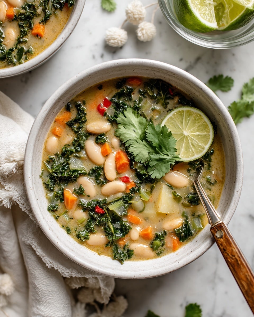 A white bowl filled with thick creamy soup showing layers of white beans, light yellow potato chunks, dark green kale leaves, small orange carrot slices, and red bell pepper pieces mixed together in a beige broth. On top sits a fresh light green cilantro leaf and a bright green lime half resting on the side of the bowl. A white spoon with a wooden handle dips into the soup from the right side. The bowl is placed on a white marbled surface with a white cloth with pom-poms nearby and some scattered green cilantro leaves. Another similar bowl and a glass bowl with lime slices are partially visible in the background. Photo taken with an iphone --ar 4:5 --v 7