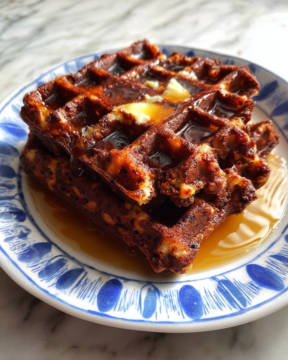 Two thick chocolate waffles with a rich texture and irregular edges are stacked on a white plate with blue circular patterns. The waffles have visible darker chocolate spots and are covered with melted butter and a light drizzle of syrup, which pools slightly in the waffle pockets. The plate sits on a white marbled surface. photo taken with an iphone --ar 4:5 --v 7