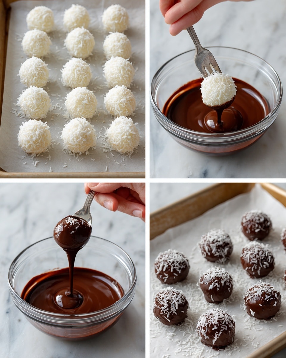 The image shows a step-by-step process of making coconut chocolate balls. The first frame displays five rows of small white coconut balls arranged on a parchment paper-lined tray, with a white marbled surface underneath. In the second frame, a white woman's hand is holding a silver fork with one white coconut ball above a clear glass bowl filled with smooth, dark brown melted chocolate. The third frame captures the fork lifting one coconut ball coated in glossy chocolate from the bowl, with chocolate dripping back into the bowl. The last frame presents multiple chocolate-coated balls placed neatly on a white marbled surface, some sprinkled with white shredded coconut while others glisten with glossy dark chocolate. The images have handwritten text instructions in black font overlaying the pictures. Photo taken with an iphone --ar 4:5 --v 7