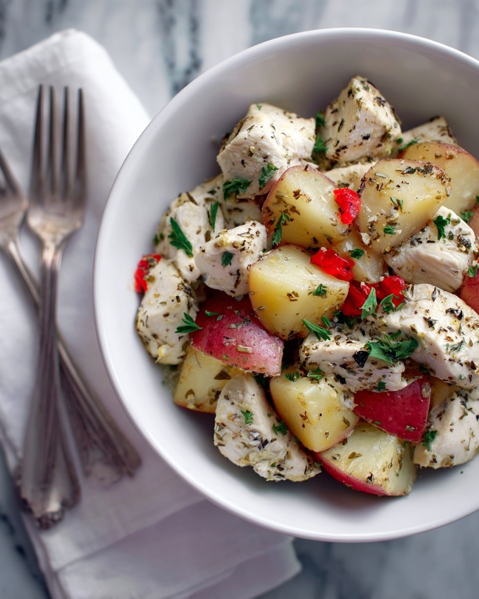 This image shows a white bowl filled with cooked chunks of white chicken mixed with small pieces of red potatoes, some peeled to reveal yellow inside. The chicken and potatoes are seasoned with black herbs and small bits of green parsley sprinkled on top. The bowl sits on a cloth beside a white marbled texture surface. photo taken with an iphone --ar 4:5 --v 7