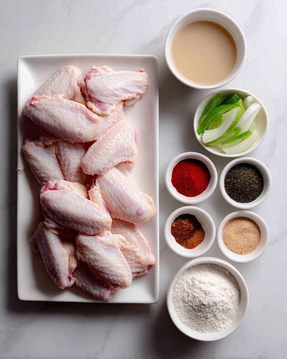 The image shows a white rectangular plate filled with eight raw chicken wings with light pink skin and some red areas, all neatly arranged. To the right, there are four smaller white bowls stacked vertically: the top bowl contains a beige liquid; the second bowl has five different spices divided into sections with colors ranging from red, light pink, beige, black, and green; the third bowl is filled with sliced white onions and green bell pepper strips; the bottom bowl holds a white powder, likely flour. All items are placed on a white marbled surface. Photo taken with an iphone --ar 4:5 --v 7