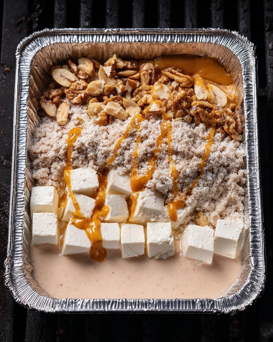 A foil tray sits on a grill with several layers of food inside: the bottom layer is a pool of light pink sauce, followed by cubes of white cheese arranged on one side. On top of the cheese are some walnut pieces with a dollop of bright orange sauce drizzled over them, spreading to other parts of the tray. There is a generous layer of finely chopped light brown meat covering the middle, also topped with a drizzle of the same orange sauce and a light dusting of white powder. The metal grill and black surface below provide contrast to the tray's shiny silver. Photo taken with an iphone --ar 4:5 --v 7