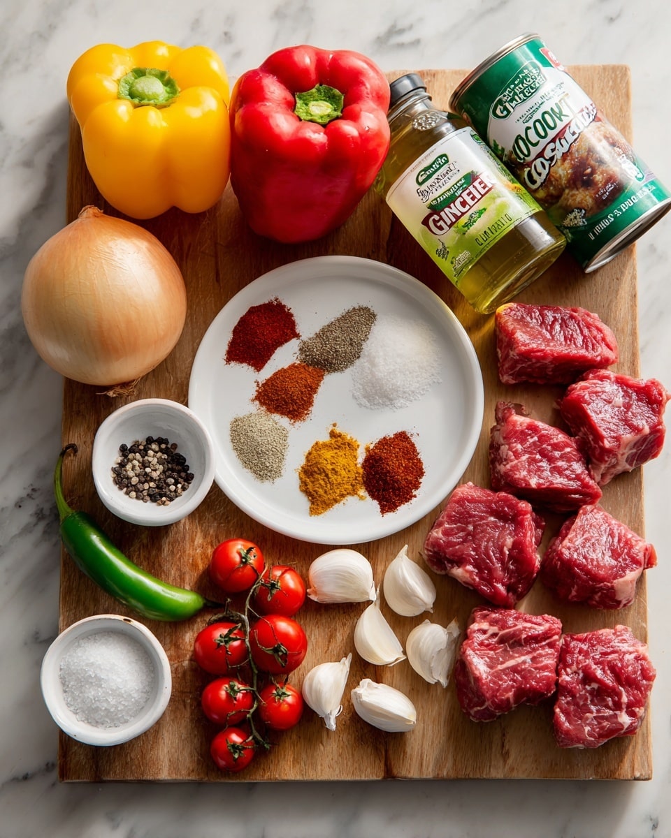 A wooden board is laid on a white marbled surface, holding various ingredients. On the left, there is a whole yellow onion, a bright red bell pepper, and a small bunch of cherry tomatoes still on the vine. Below them, two small white bowls hold black pepper and white salt. Next to the bowls is a green chili pepper and a jar labeled