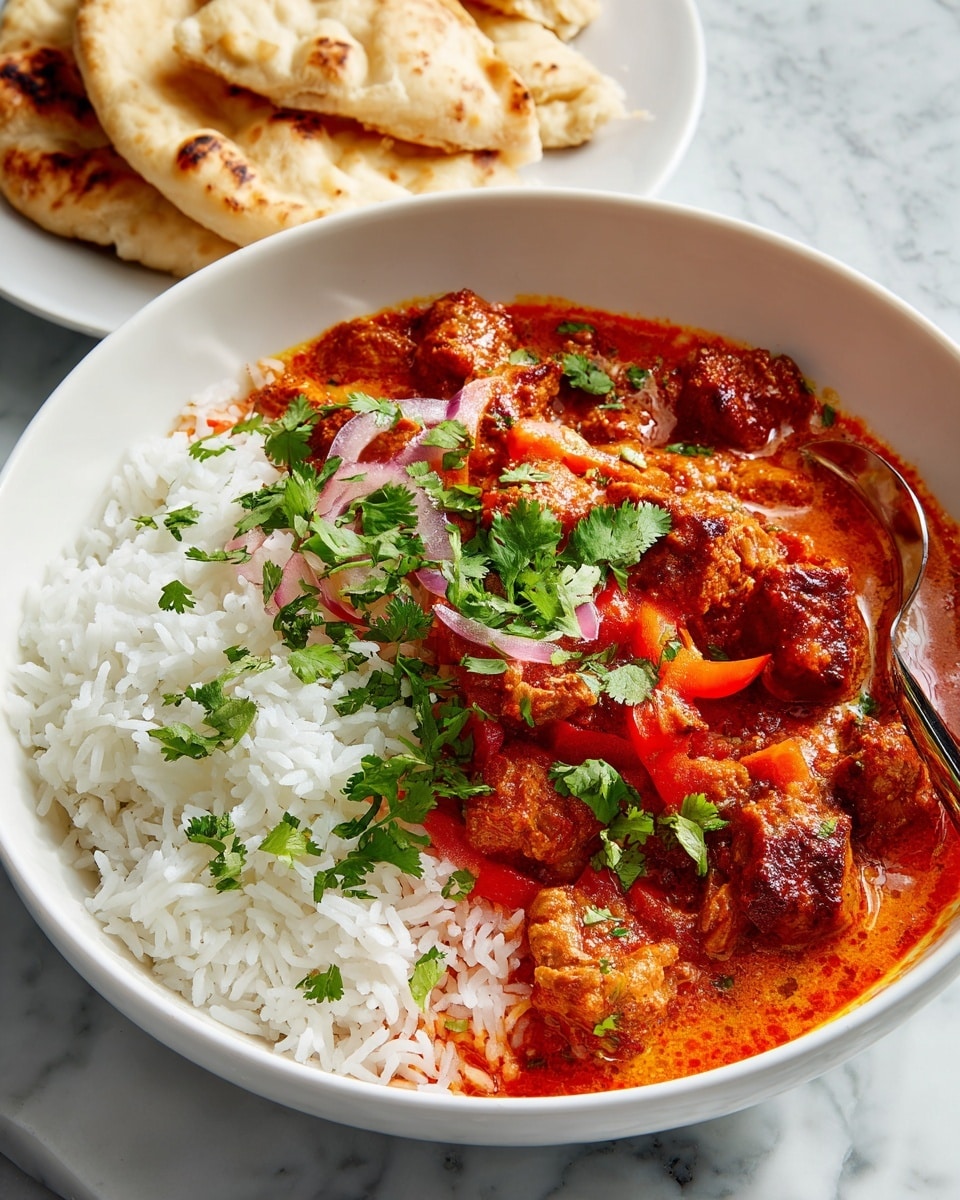 A white bowl is filled with two main layers: the bottom layer is fluffy white rice showing separate grains, and on top is a thick orange-red sauce with pieces of cooked meat and chunks of onion and red bell pepper. Bright green cilantro leaves are scattered over the dish for color. In the background, pieces of flatbread sit on a white plate with a white marbled surface underneath. The dish looks warm and fresh, with a spoon resting on the side edge of the bowl. photo taken with an iphone --ar 4:5 --v 7