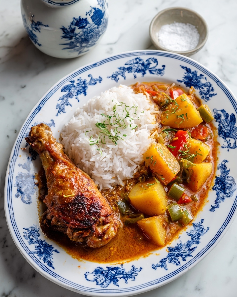 A white oval plate with blue floral patterns holds a serving of white rice on the left side as the first layer. To the right, the second layer is a rich, orange-brown sauce covered with chunks of green and red bell peppers and yellow potatoes. On top, there are two pieces of cooked chicken: a drumstick on the left and a thigh with crispy, golden-brown skin on the right, sprinkled with small green herbs. The plate is placed on a white marbled surface, with a small white jar with blue floral designs nearby and a bowl of salt in the background. Photo taken with an iphone --ar 4:5 --v 7