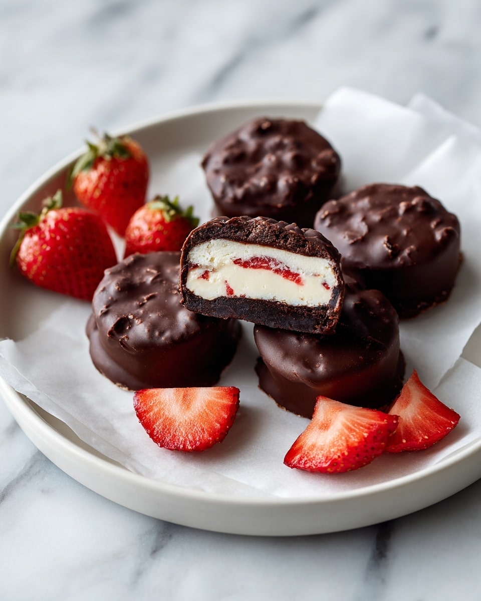 The image shows five small round treats covered in dark chocolate on a white plate, sitting on white marbled surface with white paper underneath. Four of the treats are whole with a bumpy, slightly lumpy texture, and one is split in half, showing three layers inside: a thin dark chocolate outer layer, a thick creamy white middle layer, and small red strawberry pieces embedded within the cream. Around the plate are slices and small chunks of fresh red strawberries with green tops. The photo taken with an iphone --ar 4:5 --v 7