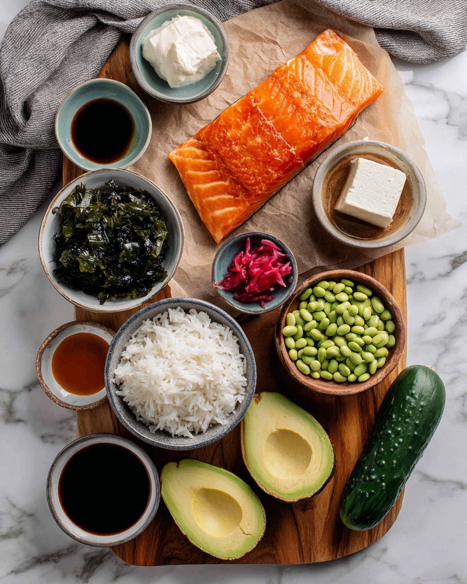 The image shows a wooden board on a white marbled surface with various ingredients arranged neatly. There is a piece of smoked orange salmon on a piece of brown paper at the top right. Below it, a small dark bowl contains pink pickled ginger, and next to it, a light bowl holds a white creamy sauce. To the left, a bowl of dark green seaweed sits above a bowl of white rice. Two halves of avocado are placed at the bottom left and bottom center, with a few green soybeans scattered nearby and a small bowl filled with more soybeans. A dark bowl near the bottom left holds a white block of tofu. On the right side of the board, there is a halved cucumber with dark green skin. Small bowls of dark soy sauce and orange sauce are placed at the top left. The overall setting is on a white marbled surface with a gray cloth partially visible on the left side. photo taken with an iphone --ar 4:5 --v 7