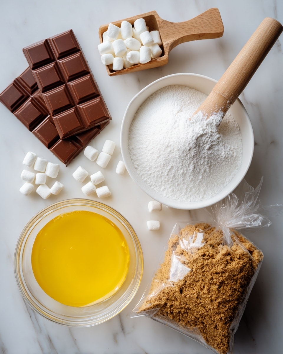 The image shows a white marbled surface with several ingredients for a dessert neatly arranged. In the top left, three unwrapped chocolate bars with a rich brown color lie flat. To their right, a small wooden measuring cup filled with bright white powdered sugar sits close to some small white marshmallows scattered around. Below is a clear white bowl filled with melted yellow butter. Next to it is a clear ziplock bag filled with fine light brown graham cracker crumbs, partially covered by a worn wooden rolling pin with a smooth, darker brown texture lying diagonally across the bag. The scene is bright and clean, with natural soft lighting highlighting the colors and textures of each item. Photo taken with an iphone --ar 4:5 --v 7