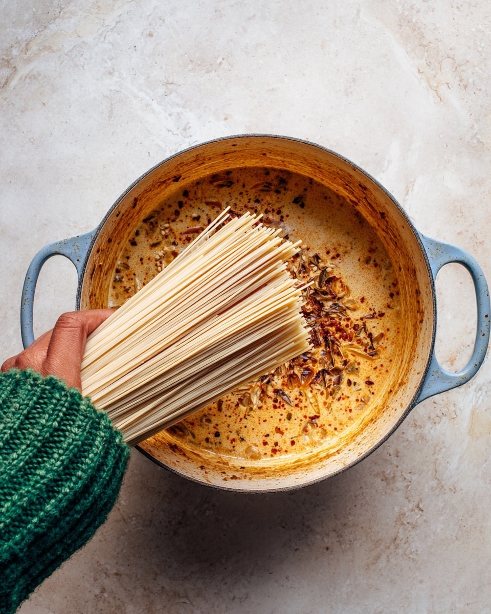 A woman's hand is holding a bundle of pale, thin noodles above a pot filled with a creamy, orange-colored sauce that has dark red and black spice specks scattered throughout. The interior of the pot is light gray, and the pot handle is blue. The surface beneath is a white marbled texture. The creamy sauce has a thick texture and coats the sides of the pot. The woman's hand wears a green knitted sleeve, adding a touch of color contrast. Photo taken with an iphone --ar 4:5 --v 7