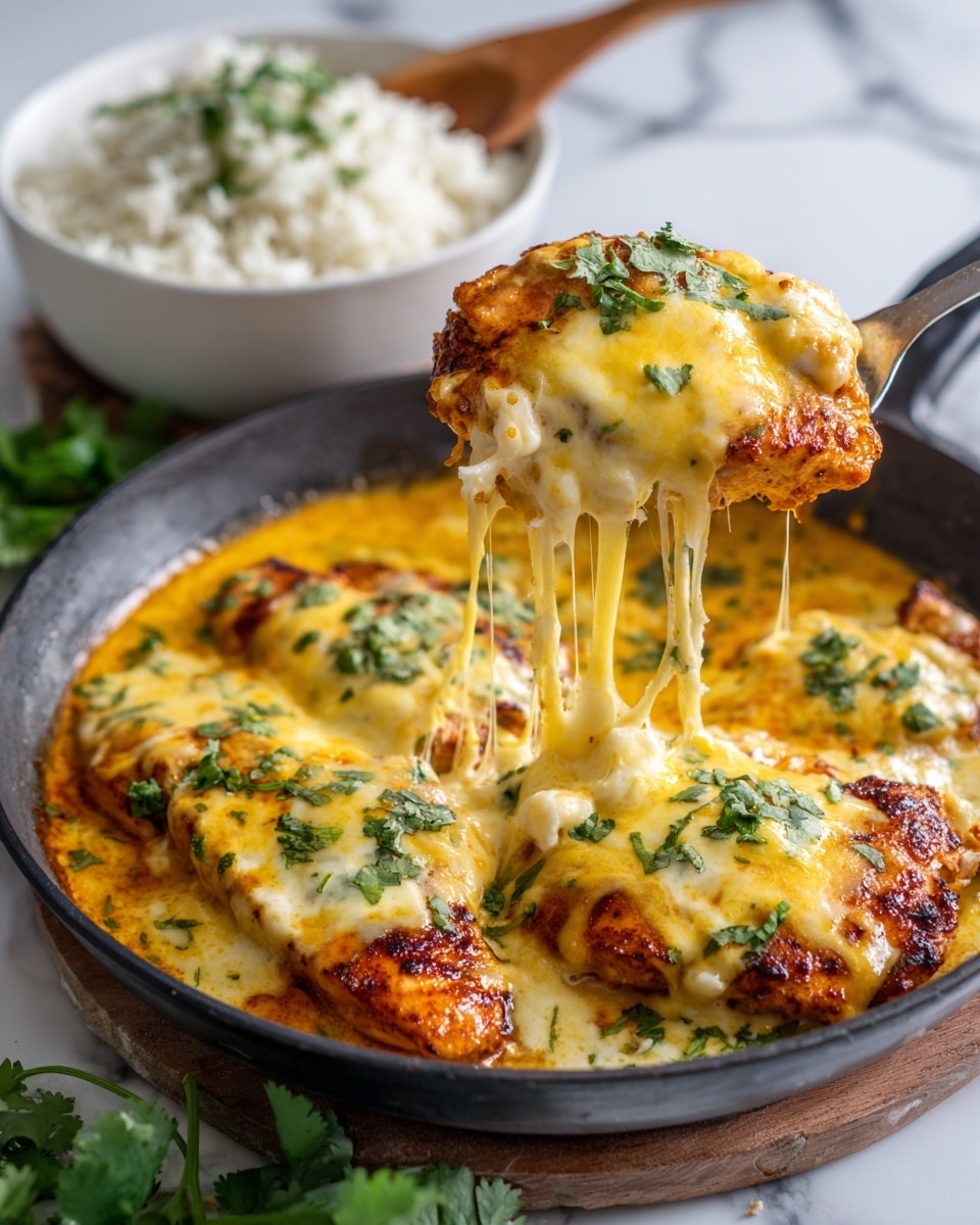 The image shows a close-up of a pan with several pieces of cooked chicken covered in a thick layer of melted yellow and white cheese, sprinkled with green cilantro leaves. One piece of chicken is being lifted by a metal spatula, with long strands of cheese stretching down to the pan. The chicken has a slightly charred look under the cheese. In the background, there is a white bowl filled with white rice mixed with green herbs and a wooden spoon resting inside. The setting is on a white marbled surface with some green leafy herbs placed to the side. Photo taken with an iphone --ar 4:5 --v 7