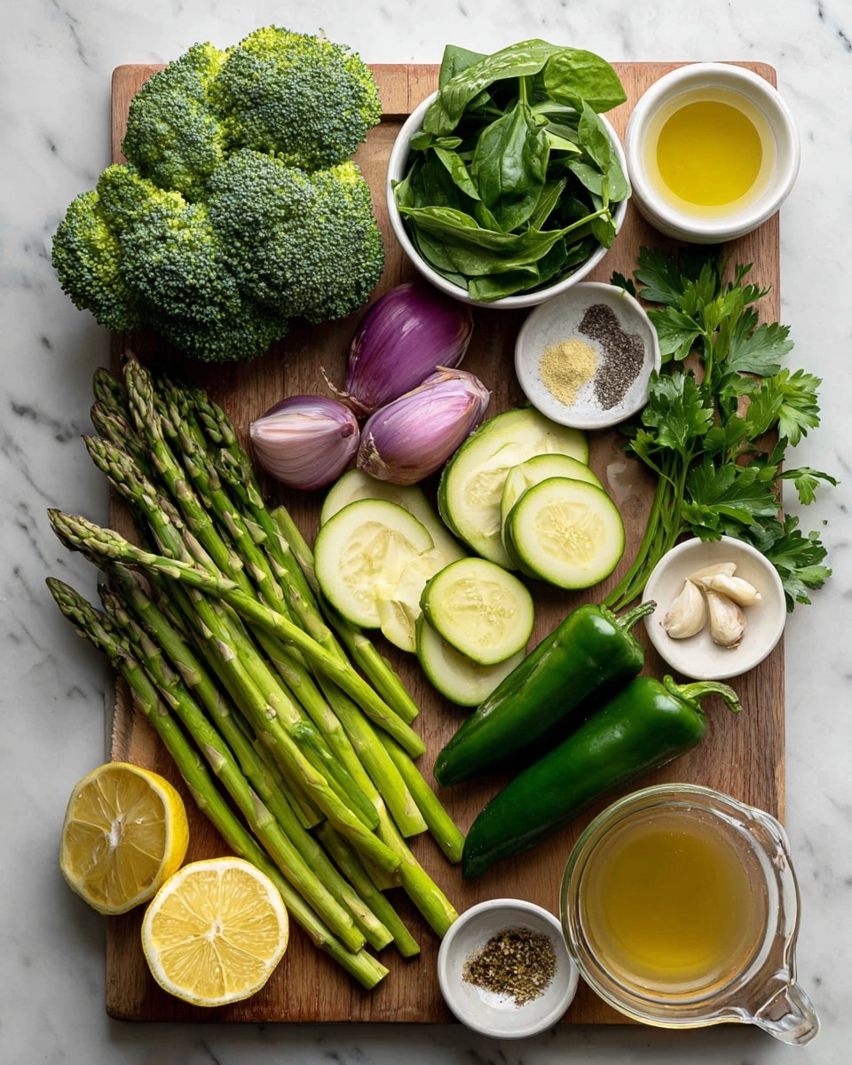 The image shows a wooden board placed on a white marbled surface with an array of fresh vegetables and ingredients arranged around it. On the board, there are bright green broccoli florets near the top center, light green asparagus stalks aligned vertically on the bottom left, pale yellow-green zucchini slices stacked horizontally above the asparagus, and purple shallot pieces placed centrally. On the left side of the board, there is a halved green pepper, while green jalapeño and poblano pepper halves are positioned on the right side. Surrounding the board, there are two white bowls filled with fresh parsley and spinach leaves on the top, a small white bowl with olive oil near the top right, and another white bowl with a mix of seasonings next to it. Near the bottom right, there is a glass measuring cup filled with golden bone broth. The bottom left shows a lemon cut in half, two cloves of garlic, a white bowl of parmesan, and a halved avocado with the seed visible. The colors vary from green hues of the vegetables, purple shallot, yellow lemon, creamy parmesan, to light brown bone broth. photo taken with an iphone --ar 4:5 --v 7