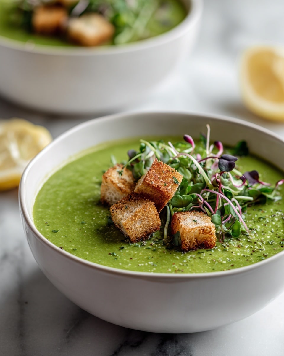 This is a close-up view of a white bowl filled with a thick green soup, smooth in texture. On top of the soup, there are several light brown crunchy croutons placed mostly around one side. On the other side, there is a small pile of fresh green and purple microgreens with thin stems. The bowl sits on a white marbled surface, and in the background, there is another white bowl with the same soup and similar toppings slightly out of focus. A sliced half lemon and some scattered microgreens are also partially visible. Photo taken with an iphone --ar 4:5 --v 7