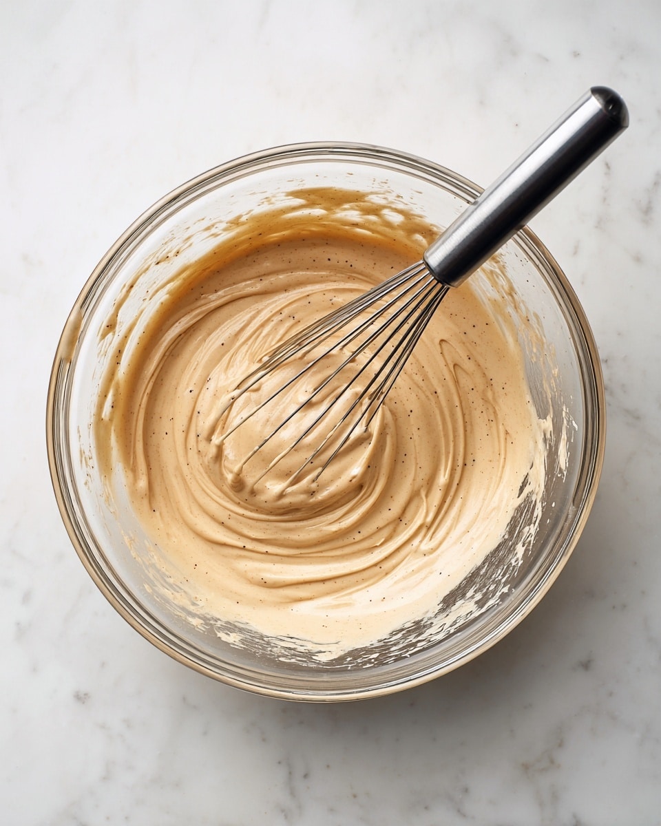 A clear glass bowl sits on a white marbled surface, filled with a smooth, creamy beige mixture that has small black specks evenly spread throughout. A metal whisk with a black handle is partially dipped into the mixture, creating soft swirls and gentle peaks. The texture looks light and thick, showing subtle folds and ripples where the whisk has passed through. The bowl’s edges are visible, showing some residue of the creamy mix clinging to the sides. photo taken with an iphone --ar 4:5 --v 7