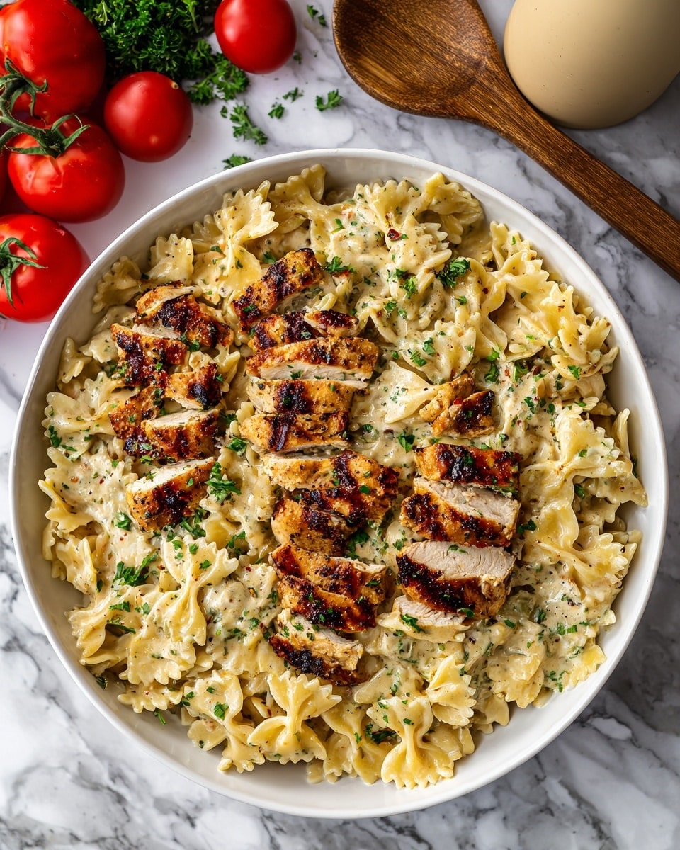 A large white bowl contains creamy pasta with grilled chicken strips mixed throughout. The pasta is bow-tie shaped and covered in a thick, light beige sauce speckled with herbs. The grilled chicken strips have a browned, slightly charred surface and are placed evenly in the creamy layer. Small green herb pieces are sprinkled over the top adding a touch of color. The bowl sits on a white marbled surface with fresh tomatoes and green herbs visible in the background. A beige container with a wooden spoon stands behind the bowl. Photo taken with an iphone --ar 4:5 --v 7