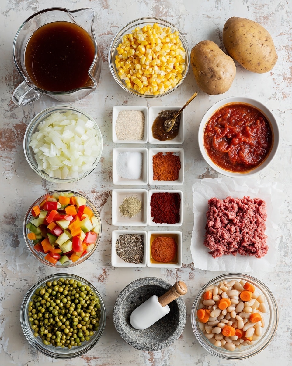 The image shows multiple bowls and containers arranged on a white marbled surface, each with different ingredients for a recipe. A clear glass pitcher filled with dark brown broth is in the top left. Next to it, a clear bowl holds light yellow corn kernels. Two whole brown potatoes are placed side by side to the right. A white bowl is filled with white chopped onions below the corn. Below the potatoes, a clear bowl contains chunky red tomatoes. Another clear bowl holds a mix of green peas and small orange carrot cubes. A white bowl is filled with white salt with a small wooden scoop inside, and nearby is a small stone bowl with black pepper and a tiny wooden scoop. A small clear bowl holds minced garlic. Two small rectangular white dishes contain red paprika and light brown cumin powders. A clear bowl filled with sliced sausage rounds is next to a clear bowl with chili powder in a reddish-brown color. Below, a packed square of raw ground beef sits on parchment paper. To the right of the beef, a clear bowl contains red canned tomatoes with greenish chili pieces. Finally, a clear bowl on the bottom right is full of light brown pinto beans in liquid. photo taken with an iphone --ar 4:5 --v 7