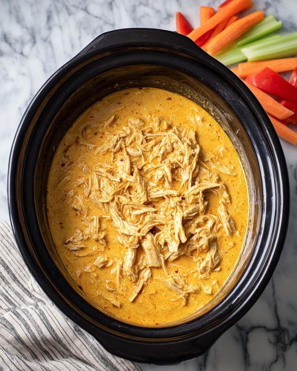 The image shows a black slow cooker filled with a creamy orange mixture that looks like shredded chicken in a sauce. The texture appears smooth with visible strands of chicken mixed in the thick sauce, covering the entire inside surface evenly. Around the slow cooker on a white marbled surface, there are slices of red bell pepper, carrots, and celery visible, adding color contrast. A striped cloth napkin is also partially visible near the top right corner. The scene is simple and clean, focusing on the slow cooker and its contents photo taken with an iphone --ar 4:5 --v 7