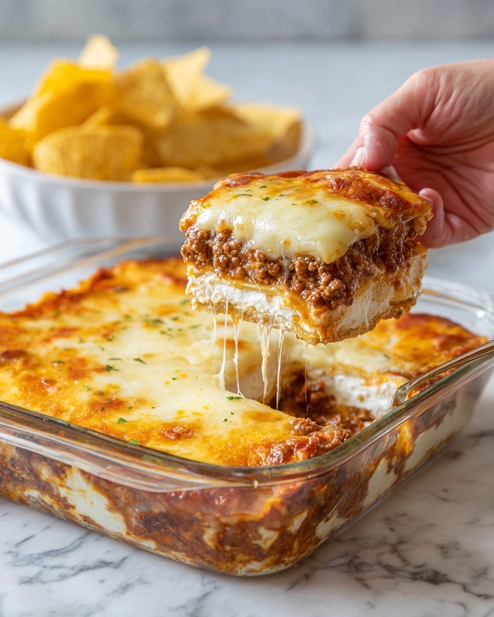 A woman's hand is lifting a square piece of a layered casserole from a clear glass baking dish on a white marbled surface. The casserole has three visible layers: the bottom layer is creamy white cheese, the middle layer is a thick, brown ground meat mixed with sauce, and the top layer is melted, golden-orange cheese stretching as it is lifted. The baking dish is filled with the same layers, and in the background, there is a white bowl filled with yellow tortilla chips, softly blurred. Photo taken with an iphone --ar 4:5 --v 7