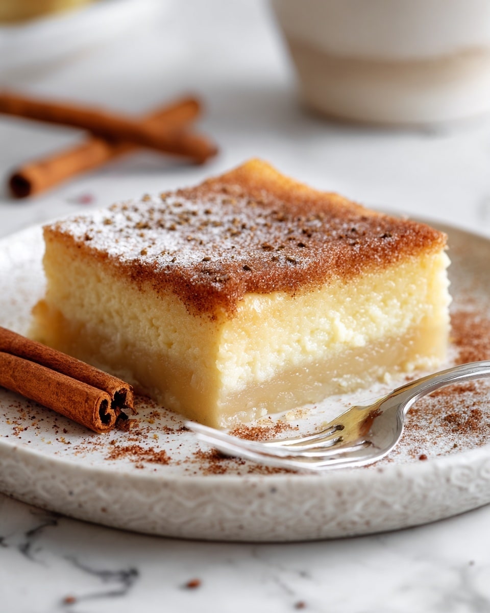 A white plate with a textured surface holds a square piece of soft dessert with two visible layers: a thick, smooth pale yellow base and a thin top layer covered with light brown cinnamon sugar. A small piece of the dessert is on a fork in the foreground, showing a closer look at the soft texture and the cinnamon sugar coating. A whole cinnamon stick lies next to the dessert on the plate, and the background has a white marbled texture. photo taken with an iphone --ar 4:5 --v 7