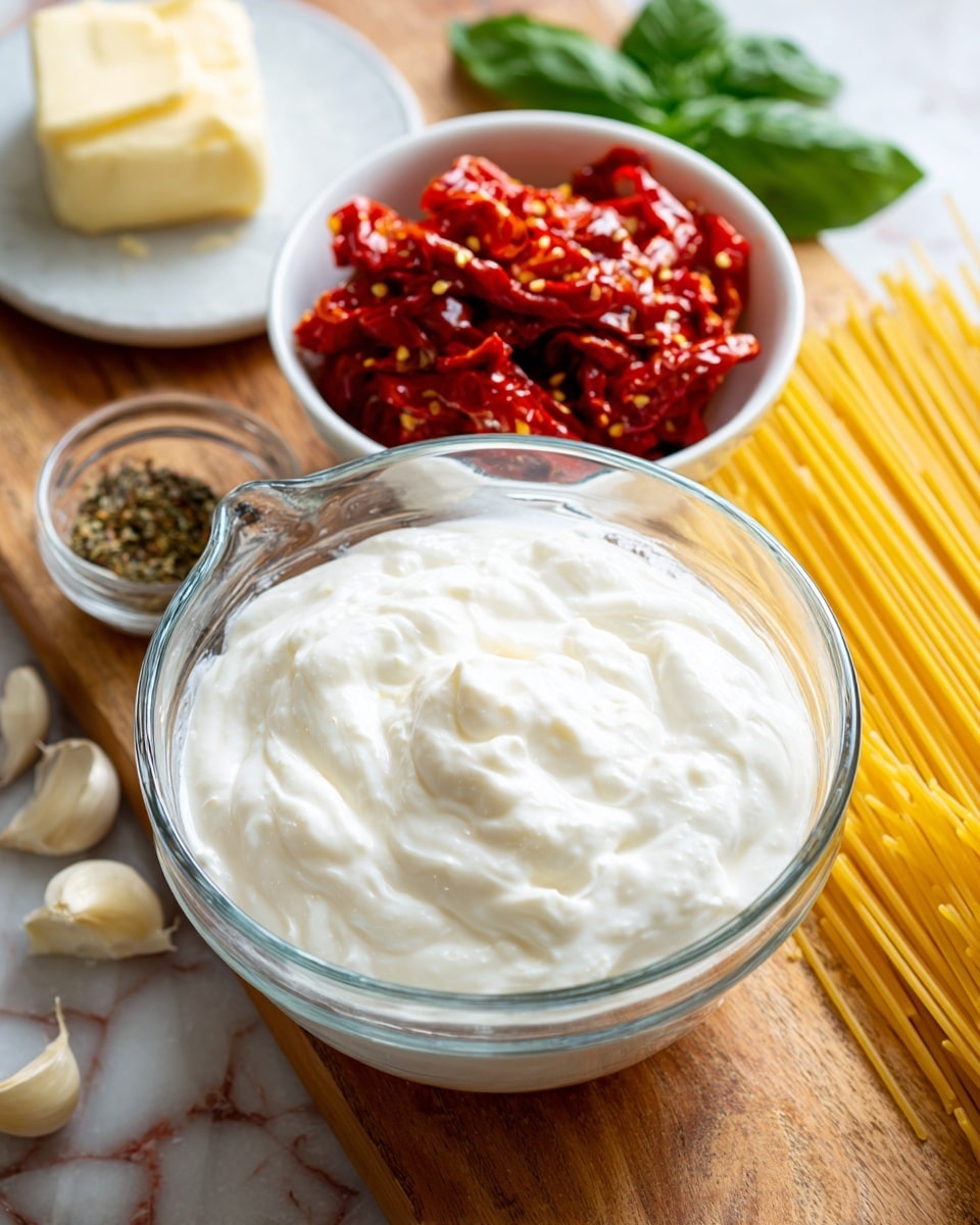 A clear measuring cup filled with white heavy cream is placed center back on a wooden surface. In front of it, slightly to the right, is a white bowl holding shiny, bright red marinated roasted peppers with bits of herbs and red oil shimmering on top. To the left of the bowl, there are whole garlic cloves scattered and a small container with dried basil. Part of a white plate with pale yellow butter is visible in the upper left corner. Behind the measuring cup on the right side, uncooked yellow pasta sticks are laid flat, and fresh green basil leaves are seen blurred in the back left. The whole scene is set on a wooden surface with a white marbled texture. photo taken with an iphone --ar 4:5 --v 7