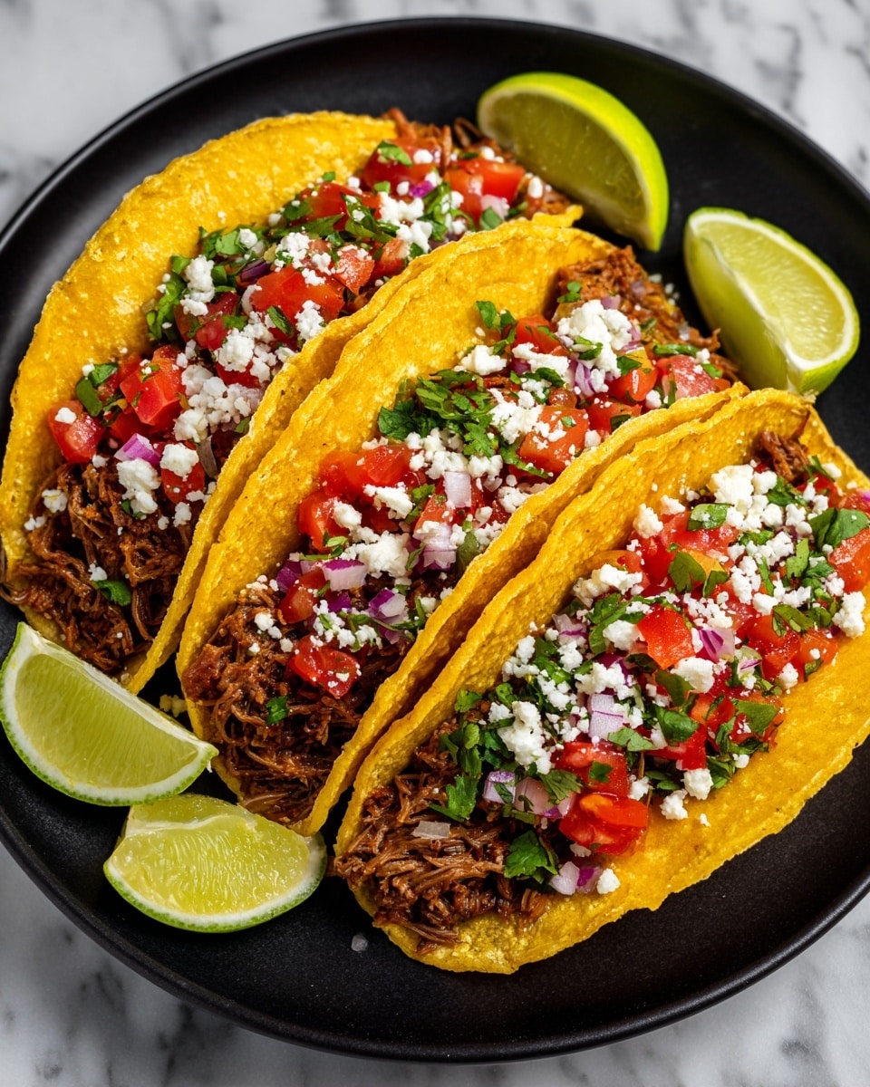 Four soft yellow corn taco shells sit on a black plate, each filled with shredded brown meat at the bottom layer. On top of the meat is a layer of small bright red tomato chunks mixed with bits of green cilantro and pale purple onion pieces. Tiny white cheese crumbles are sprinkled over the top. The tacos are arranged closely together on the plate, with lime wedges placed around the edges. The whole setup rests on a white marbled surface. Photo taken with an iphone --ar 4:5 --v 7
