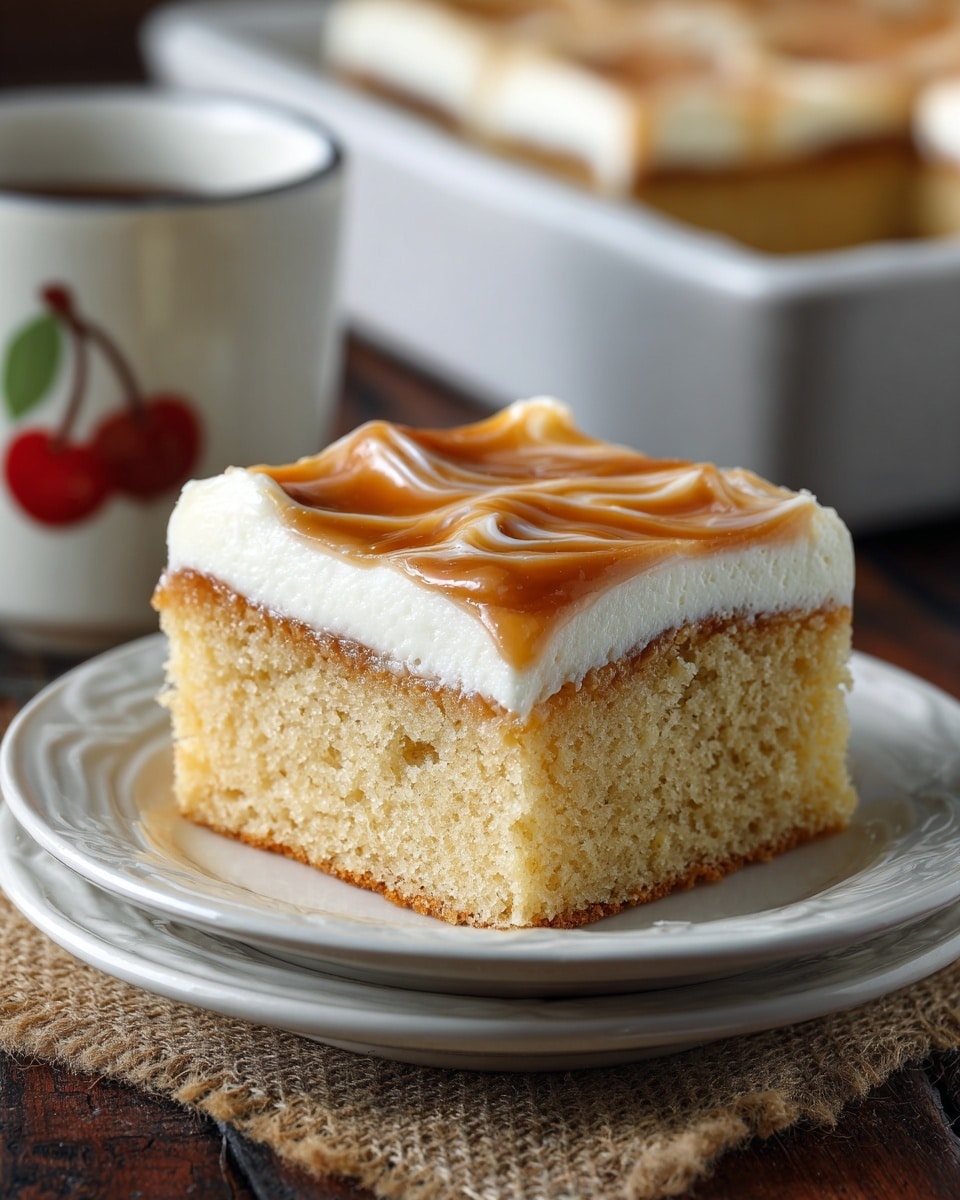 The image shows a square piece of light brown sponge cake on a white plate with shallow sides, sitting on top of another white plate. The cake has two main layers: a thick soft sponge bottom layer with visible small air holes, and a smooth white frosting layer on top. The top frosting layer has a glossy caramel-colored swirl pattern across its surface. The plates sit on a piece of brown rough fabric on a dark surface, with a blurred white ceramic cup with a cherry design and a white baking dish with more cake pieces in the background. Photo taken with an iphone --ar 4:5 --v 7