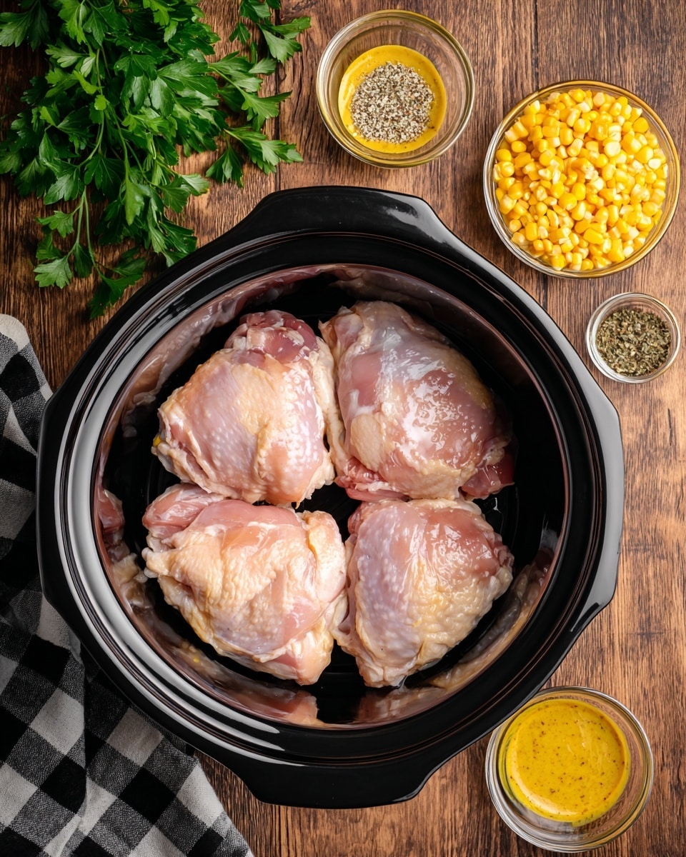 Four raw chicken pieces with a light pink and shiny texture are neatly placed in a black slow cooker pot at the center of the image. Around the pot on a wooden surface, there are small glass bowls with yellow mustard sauce, bright yellow corn kernels, and a mix of white and black seasonings. Fresh green parsley is visible in the top left corner, and a black and white checkered cloth is partly visible in the lower-left corner. The photo taken with an iphone --ar 4:5 --v 7