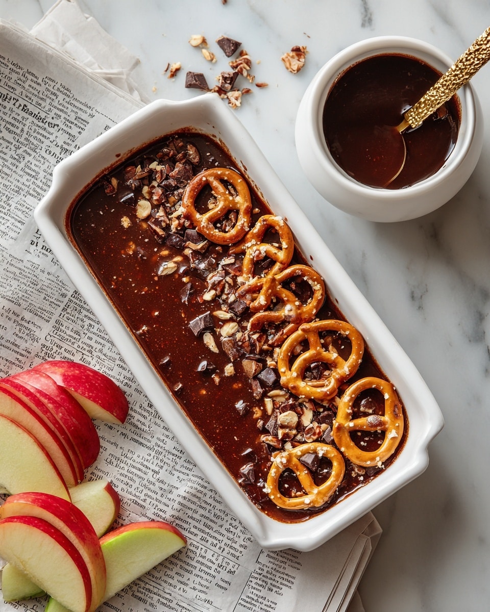 A woman's hand is holding a thin, pale green apple slice, topped with a small scoop of a mix made of granola, nuts, dried fruits, and dark chocolate pieces. In the background, there is a white rectangular dish filled with the same granola mixture, showing a rough and chunky texture with warm brown, red, orange, and dark purple tones. Near the dish, a small white bowl contains a thick amber-colored syrup with a delicate gold spoon resting inside. All items are placed on a white marbled surface with a soft, natural light falling on them. photo taken with an iphone --ar 4:5 --v 7