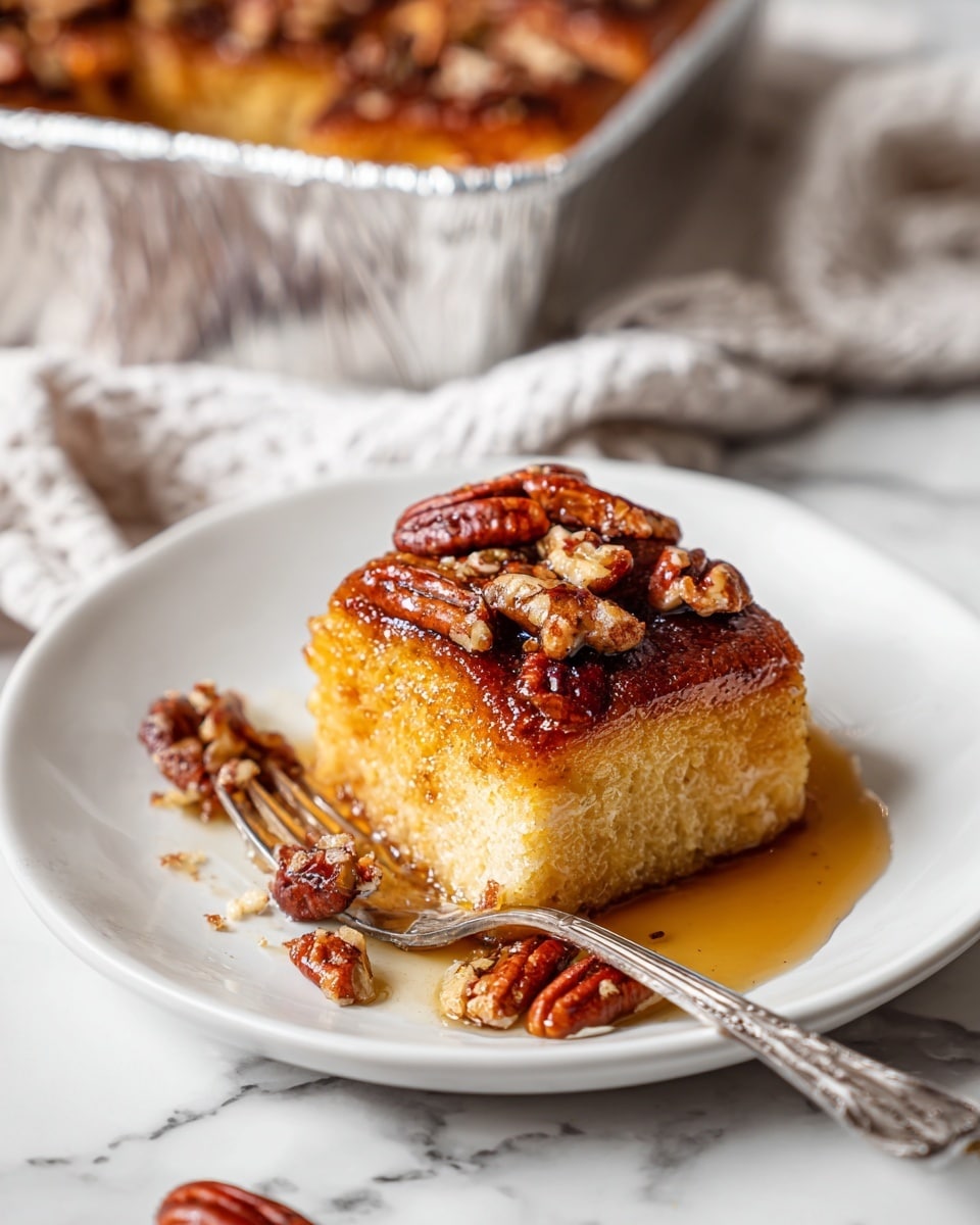 A white plate shows a single serving of a golden brown baked pastry layer that looks soft and slightly shiny with syrup. On top and around the pastry are small pieces of toasted pecan nuts, dark brown with a glossy coating from the syrup that pools lightly on the plate. To the left side of the pastry on the plate is a metal fork with pecan bits stuck between the fork’s tines. In the background, a white marbled surface with a cloth and a metal foil tray filled with similar pastries is visible but blurred. Photo taken with an iphone --ar 4:5 --v 7