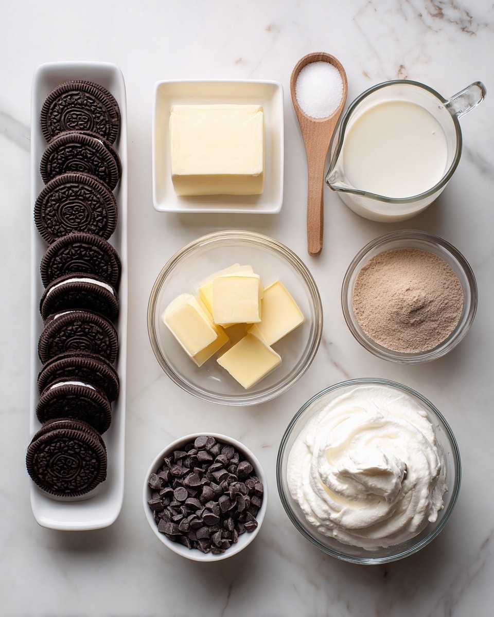 The image shows ingredients for a dessert laid out on a white marbled surface. There is a long white dish filled with whole Oreos on the left side. Next to it, on the upper left, is a square glass block of cream cheese, and below that a small white square bowl with cubes of yellow butter. In the center, a glass bowl contains a smooth white liquid, likely milk, and next to it is a small glass pitcher with more milk. Above the bowl of milk, a wooden spoon holds white sugar. On the upper right side, there is a white bowl with a light brown powder that is the chocolate pudding mix. Below that is a glass bowl filled with white whipped topping, fluffy and soft in appearance. A small white bowl filled with small dark chocolate chips sits near the middle, completing the set of ingredients. The scene is simple and clear, with each ingredient in its own container, placed neatly. Photo taken with an iphone --ar 4:5 --v 7