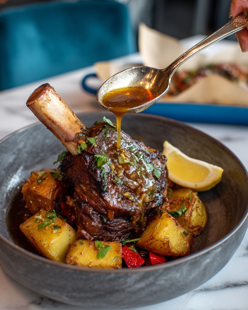A deep gray bowl holds a rich dish with three main layers: at the bottom, there are chunks of golden-brown roasted potatoes with a slightly crispy outer skin and small green herb leaves sprinkled on top, mixed with roasted red bell pepper pieces. Above the potatoes, a large, dark brown roasted meat shank with visible herbs and spices crusted on its surface sits upright, its bone extending out of the bowl. A silver spoon held by a woman's hand is pouring a shiny, amber-colored sauce with bits of garlic and herbs over the meat. A small lemon wedge is placed to the side inside the bowl. The background shows a blue baking dish with parchment paper but the overall surface is a white marbled texture. photo taken with an iphone --ar 4:5 --v 7