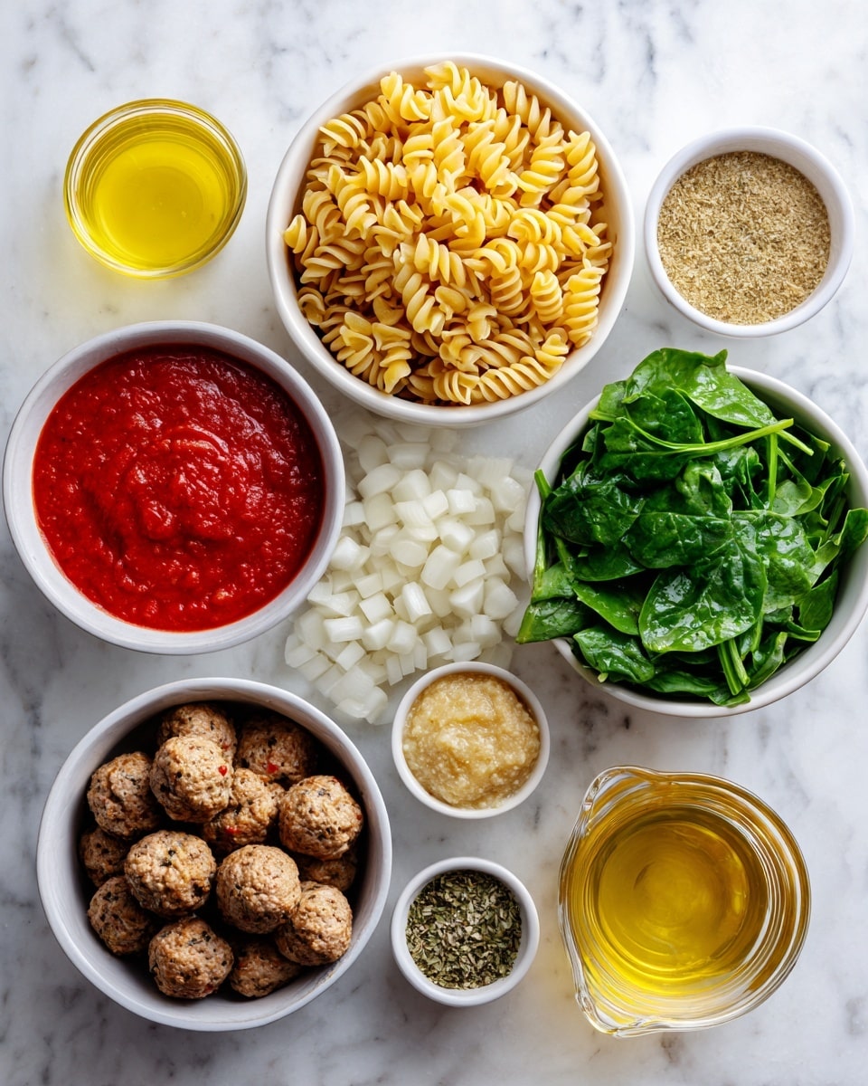 The image shows multiple small white bowls and one clear measuring jug arranged on a white marbled surface. There are nine containers in total: a bowl of golden-yellow uncooked spiral pasta at the top center, a bowl of bright green fresh spinach leaves on the right middle, a bowl of cooked brown meatballs at the bottom left, a bowl of chopped white onions in the middle left, a bowl of bright red tomato sauce to the left, a small bowl of light golden garlic paste near the center, a small bowl of mixed dried herbs near the garlic paste, a bowl of clear golden broth in a glass jug at the bottom right, and a small bowl of yellow oil at the top left. Each bowl clearly shows the texture of its contents with simple, clean colors and contrasts. The photo was taken with an iphone --ar 4:5 --v 7