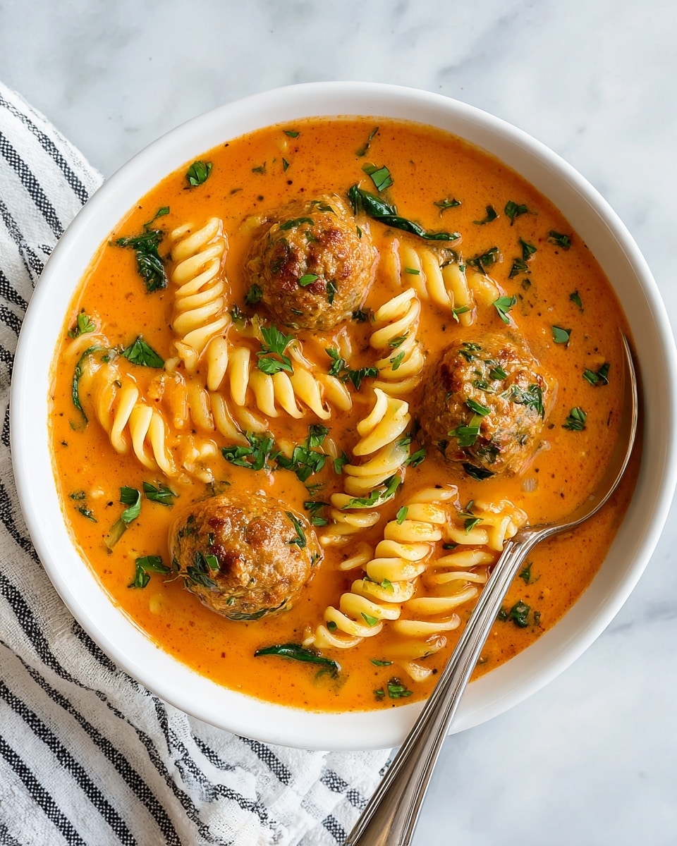 A large white pot filled with a thick orange-red sauce with visible herbs and spices. Floating in the sauce are spiraled pasta pieces and small round meatballs, both partially covered but easily visible, along with bits of green leafy vegetables scattered throughout. The sauce’s texture appears creamy and smooth, with slight chunks of tomatoes or seasoning, and coats the pasta and meatballs evenly. The pot is set on a white marbled surface with a black and white striped cloth nearby. Photo taken with an iphone --ar 4:5 --v 7