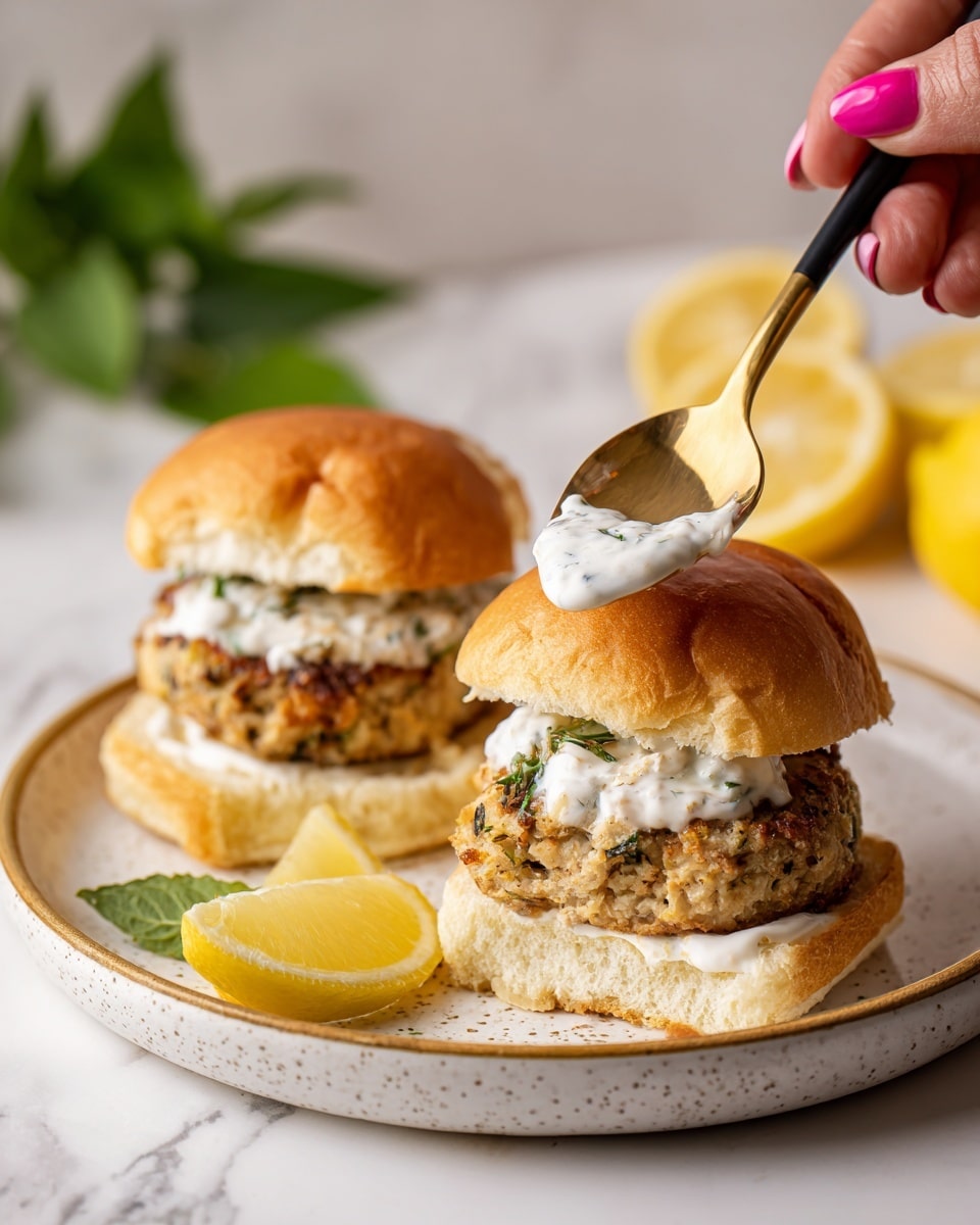 Two small sandwiches are on a white speckled plate with a gold rim. Each sandwich has a soft, golden-brown bun split in half. On the bottom half of each bun is a thick, textured patty with visible bits of herbs and spices. A woman's hand with pink nails is holding a gold and black spoon, adding a smooth white sauce with green herb flecks on top of the front patty. Behind the plate, lemon wedges and a lemon are placed on a white marbled surface, with some green leaves also visible. Photo taken with an iphone --ar 4:5 --v 7