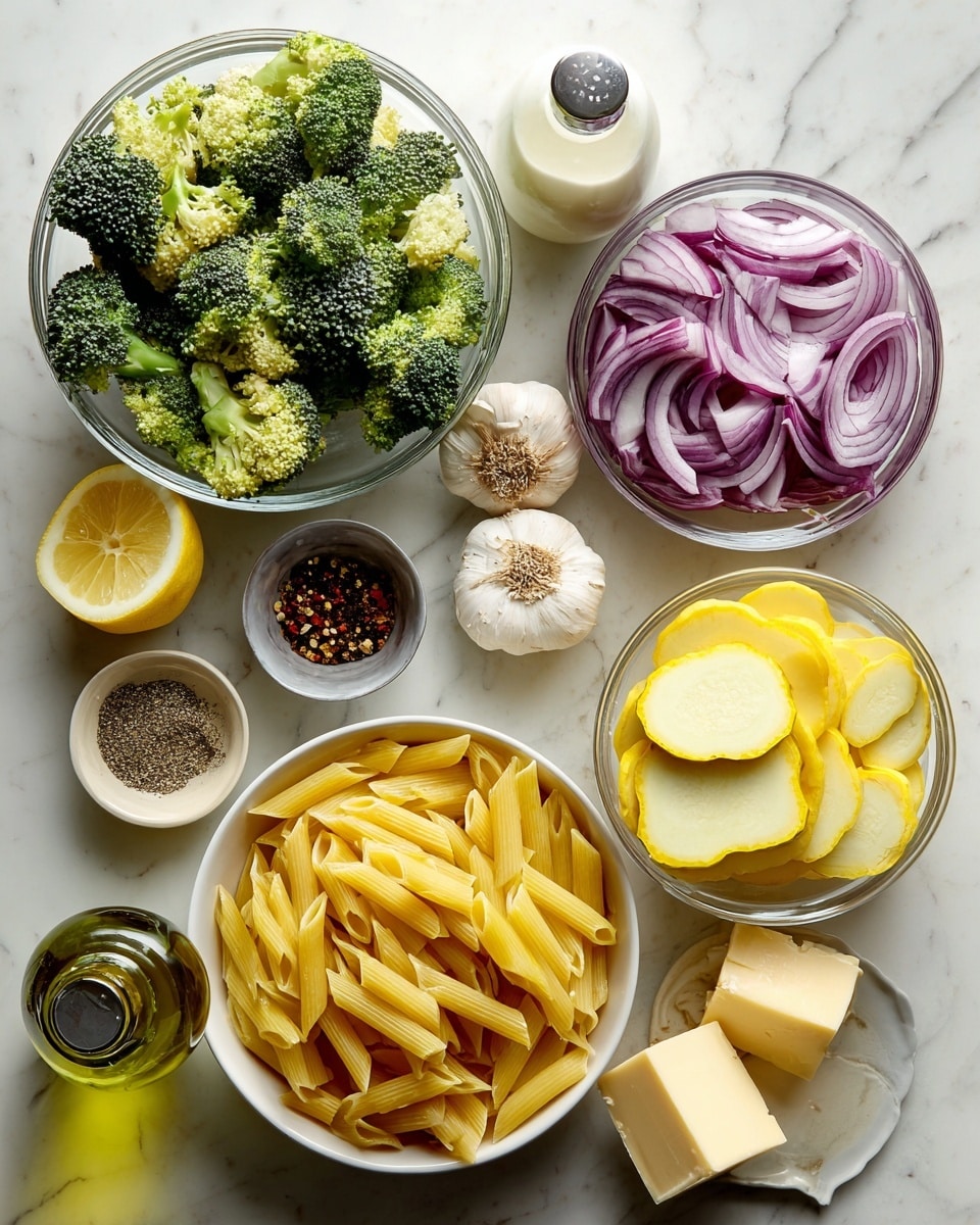 The image shows various fresh ingredients arranged neatly on a white marbled surface. There is a clear glass bowl filled with bright green broccoli florets at the top left, next to a bottle of heavy cream with a white cap. To the right, a small clear bowl holds thinly sliced red onion rings with rich purple and white layers visible. In the center, a larger clear bowl contains yellow squash slices, cut into half-moons with smooth yellow skin and pale inner flesh. Near the bottom, a white bowl is filled with uncooked golden yellow penne pasta. To the right of the pasta, two small blocks of pale yellow parmesan cheese sit side by side. A lemon wedge with bright yellow rind and juicy, pale pulp rests near the bowls. Two whole cloves of garlic with smooth off-white skins lie to the right of the lemon. Below the garlic, a small white bowl holds a seasoning blend made up of black pepper, red chili flakes, salt, and dried herbs. At the bottom left is a green glass bottle topped with a metal pour spout containing avocado oil. Everything is carefully spaced and well lit, with soft natural light highlighting the colors and textures of each ingredient. photo taken with an iphone --ar 4:5 --v 7