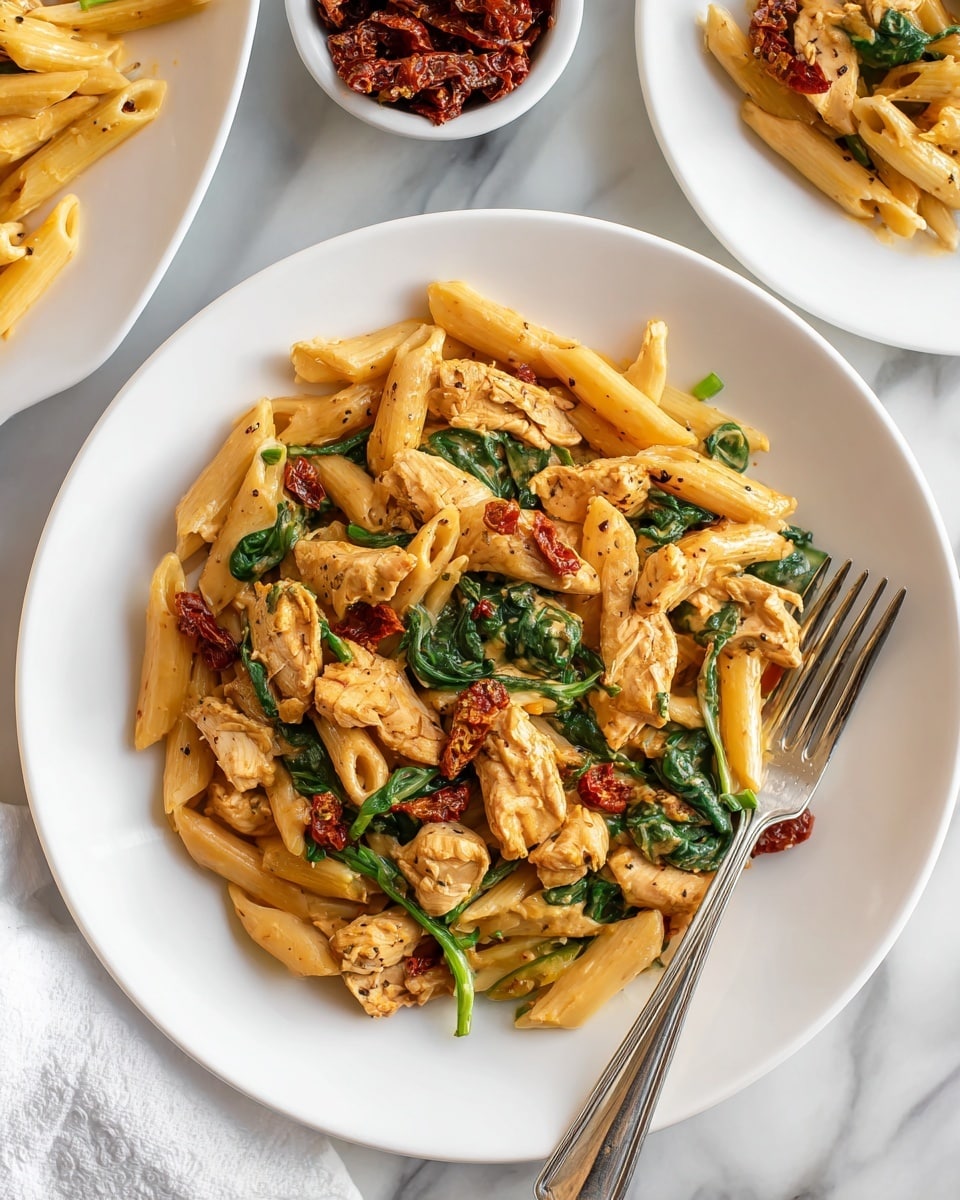 A white round plate is filled with penne pasta mixed with pieces of light tan cooked chicken, dark green spinach leaves, and small chunks of reddish sun-dried tomatoes. The pasta and chicken are coated evenly with a creamy light orange sauce with specks of black pepper. A silver fork rests on the right side of the plate. In the background, there is a small white bowl filled with sun-dried tomatoes and another white plate with more pasta, all set on a white marbled surface. Photo taken with an iphone --ar 4:5 --v 7