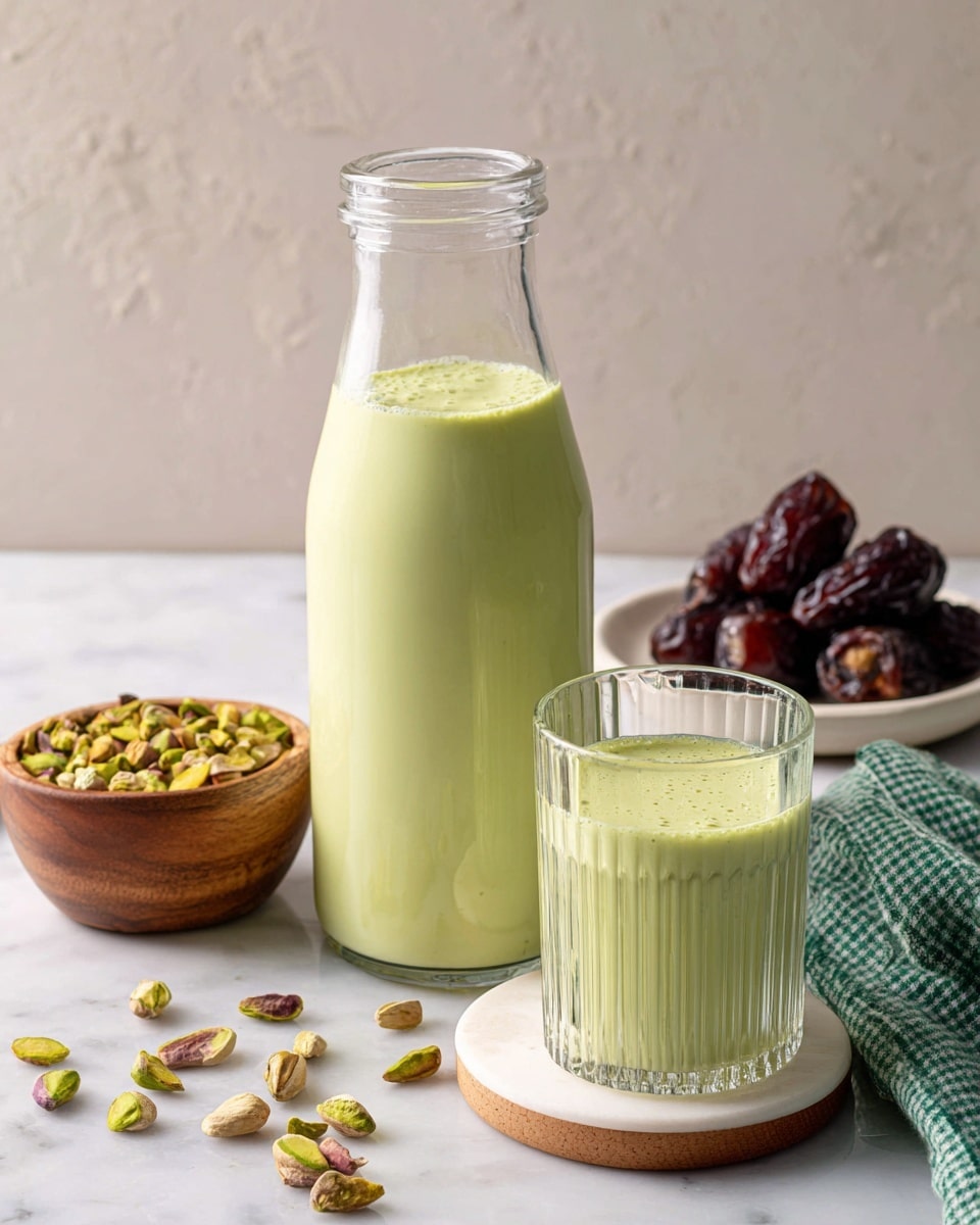 The image shows a tall clear glass bottle filled with a creamy light green drink standing on a white marbled surface. In front of the bottle, there are two short ribbed clear glasses filled with the same drink, each placed on a round white coaster. To the left, some green pistachios are scattered near a small wooden bowl filled with more pistachios. In the background to the right, a white plate holds several dark brown dates, and a green and white checkered cloth is partially visible. The background is a soft textured wall. Photo taken with an iphone --ar 4:5 --v 7