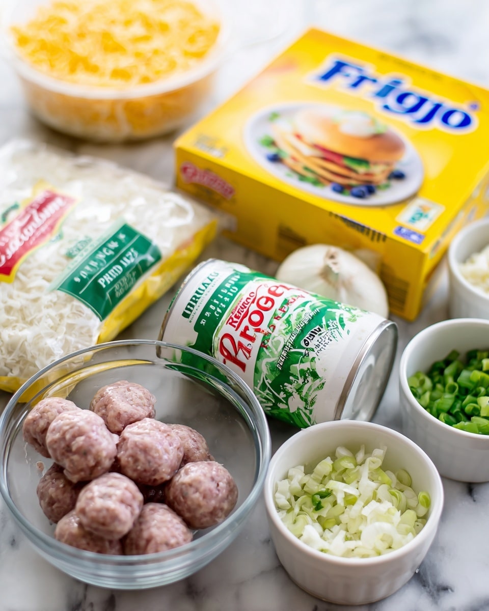 The image shows a clear glass bowl placed on a white marbled surface, containing a package of mild Italian pork sausage with green and white labeling, a can of Carnation evaporated milk tilted on its side with a red and white label, and a bag of shredded mozzarella cheese with green and white packaging. Behind the bowl, there is a yellow box of Bisquick pancake and baking mix, showing a stack of pancakes with syrup and blueberries on top. To the left side, there is a container of Frigo shredded cheese with a white lid, and to the right, two white bowls with chopped green onions and chopped white onions. Photo taken with an iphone --ar 4:5 --v 7