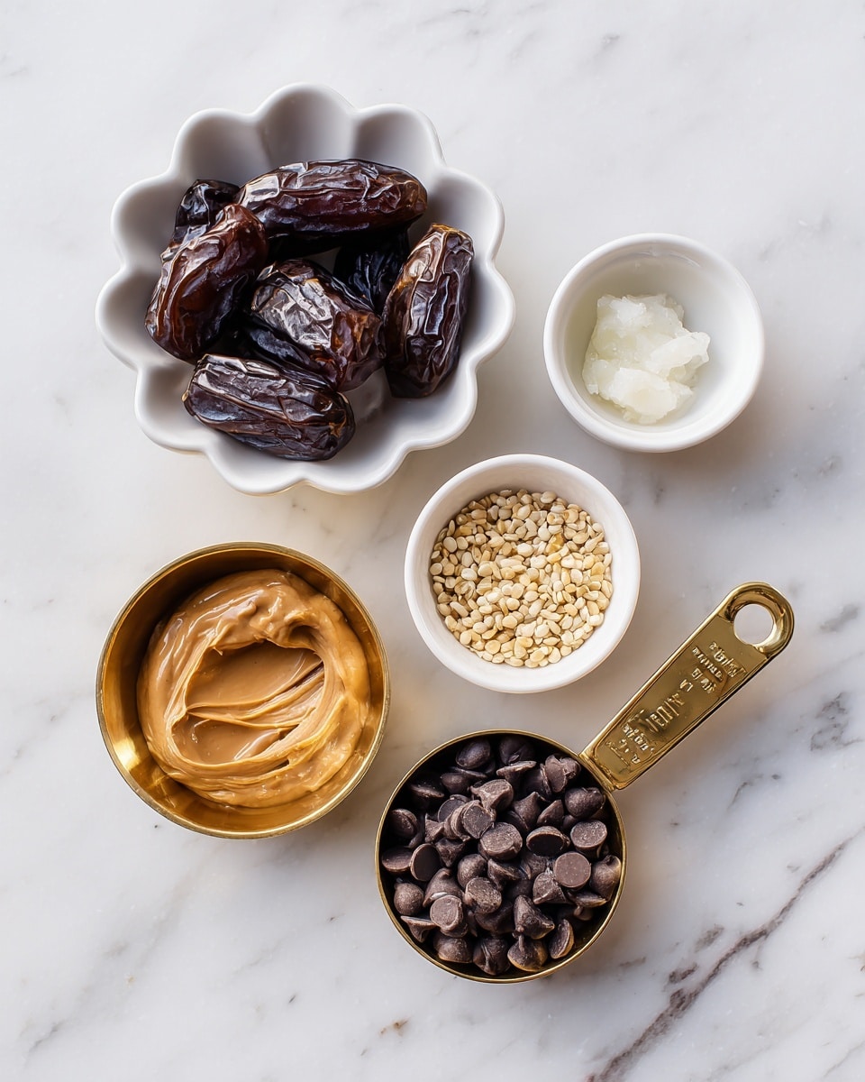 The image shows five small containers with different ingredients on a white marbled surface. At the top left, there is a white scalloped bowl filled with dark brown dried dates. To the right, a small white bowl holds a bit of white solid, likely coconut oil. Below these, a white bowl contains small pale yellow seeds or grains. At the bottom left, a gold measuring cup labeled 1/2 cup holds smooth, light brown peanut butter. Next to it, another gold measuring cup labeled 1 cup is filled with dark brown chocolate chips. Photo taken with an iphone --ar 4:5 --v 7