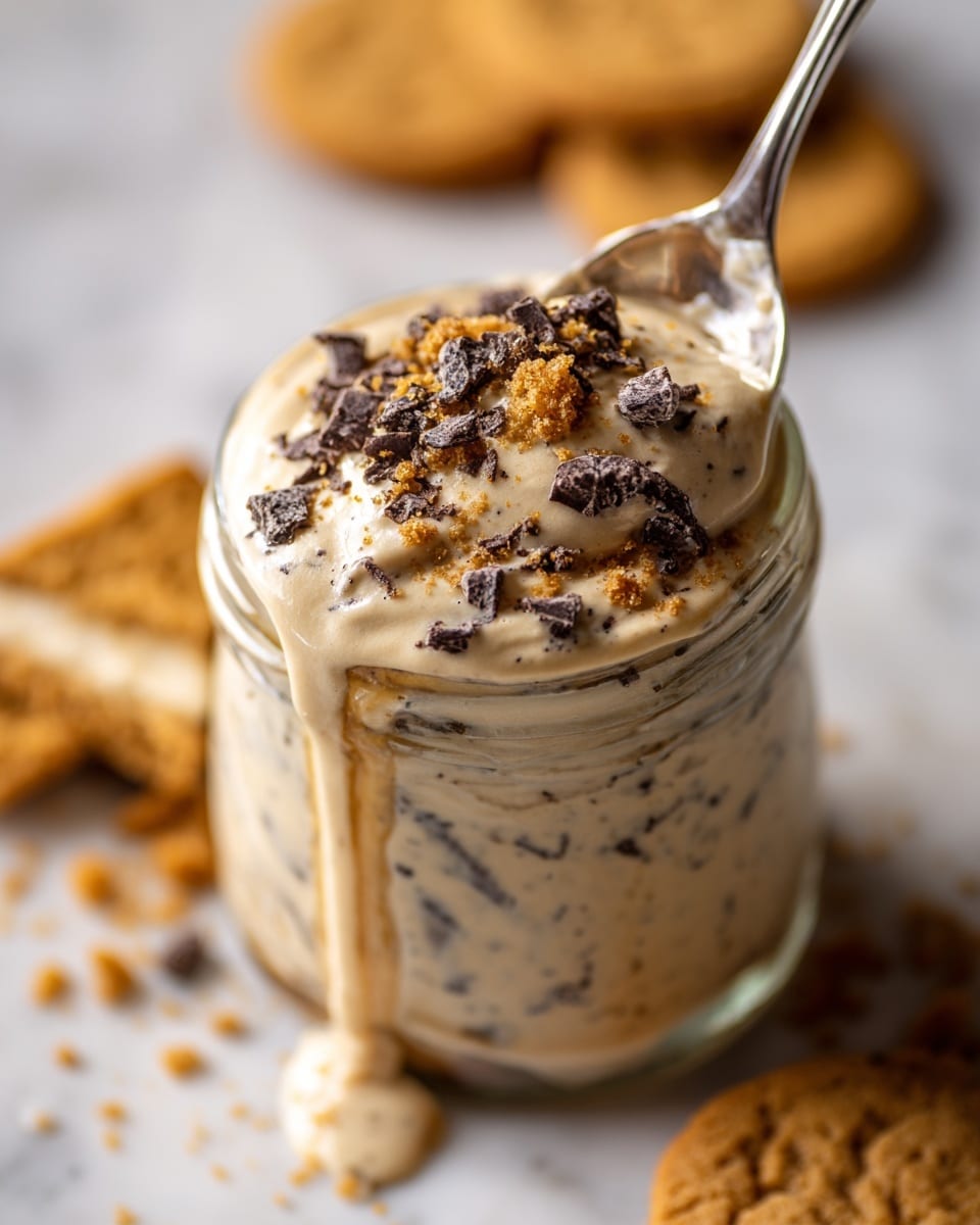 The image shows a close-up top view of a clear glass jar filled with a creamy mixture that has a thick texture. The mixture is light beige in color with small dark brown chocolate chips and tan cookie crumbs scattered on top. A silver spoon coated with the same creamy mixture is partially inside the jar near the top edge, with some mixture dripping down the side. In the blurred background, broken pieces of golden brown cookies lay on a white marbled surface. photo taken with an iphone --ar 4:5 --v 7