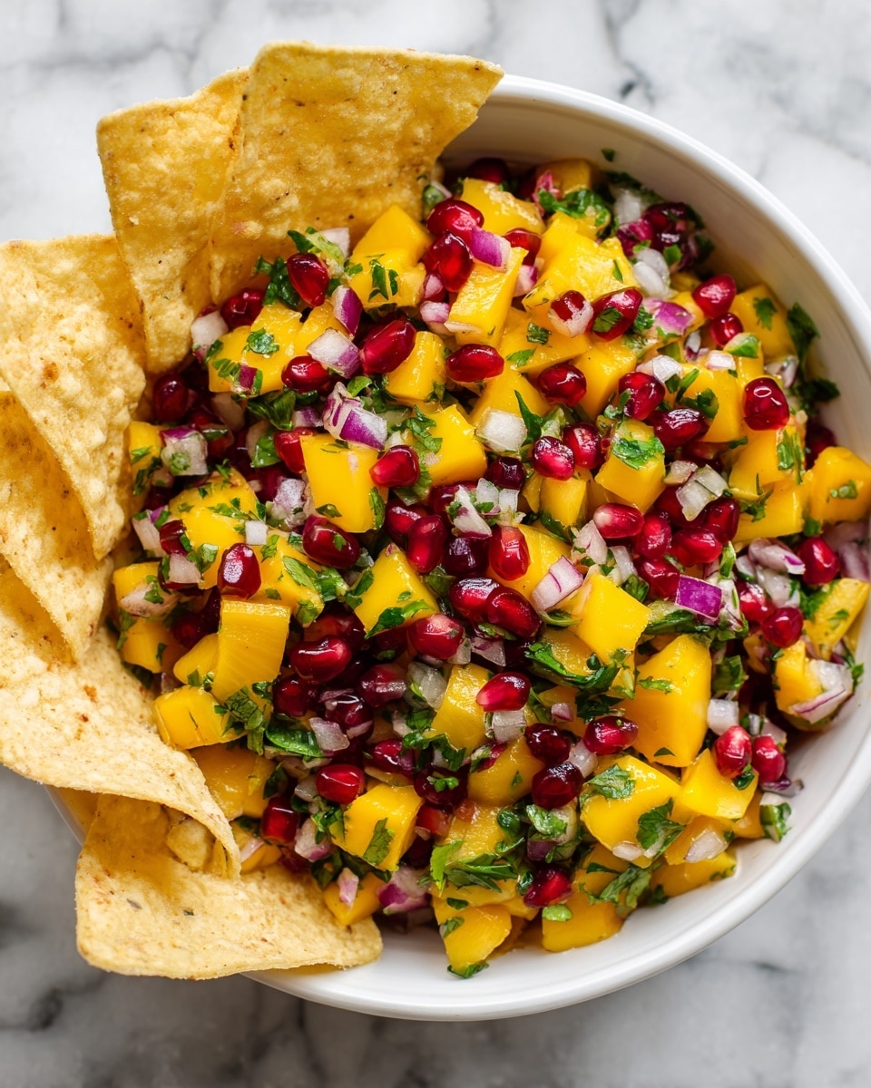 A white bowl filled with a colorful mango salsa sits on a white marbled surface. The salsa has many layers: bright yellow mango chunks, small red pomegranate seeds, green chopped herbs, finely chopped red onion, and small dark beans all mixed together. Around the bowl, there are several crisp yellow tortilla chips partly resting inside. The colors of the salsa layers create a fresh and vibrant look. Photo taken with an iphone --ar 4:5 --v 7