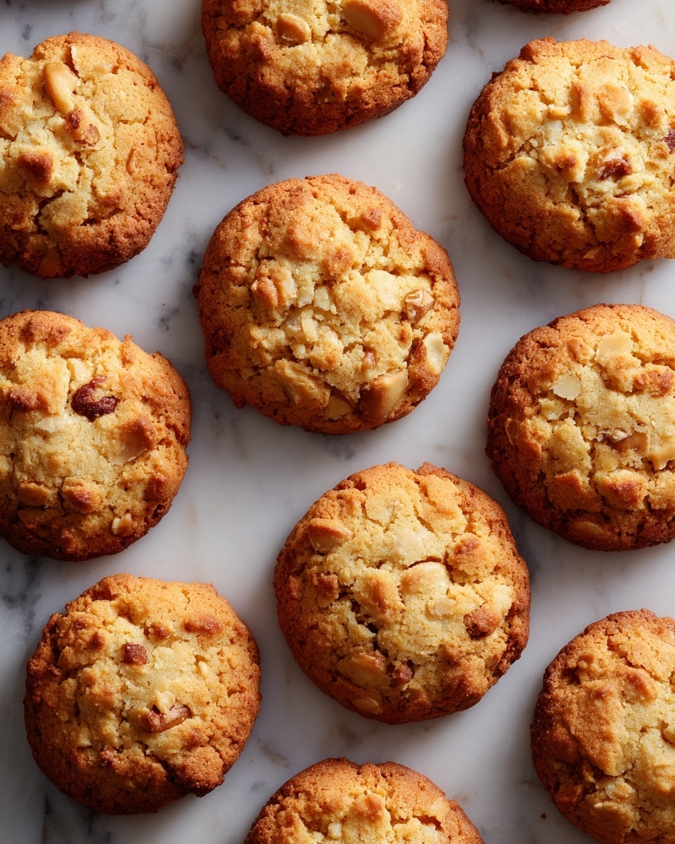 The image shows a dozen round cookies closely placed on a baking sheet. Each cookie is uneven with a golden brown crust and small embedded chunks, showing a rough texture with darker spots, likely from nuts or raisins. The cookies have a soft, slightly puffy look with irregular edges and a few cracks. The baking sheet underneath is metal with a light reflection visible on its edge. The background is a white marbled texture. photo taken with an iphone --ar 4:5 --v 7