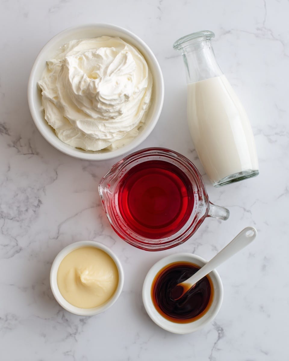 The image shows five ingredients placed on a white marbled surface. At the top left is a white bowl filled with white whipped topping  To the right, there is a small clear glass bottle with white milk inside Below the milk is a clear measuring cup filled with bright red strawberry syrup   At the bottom left, there is a small glass container with creamy light yellow condensed milk  To the bottom right, a white small dish holds a dark brown vanilla extract with a white measuring spoon, with the colors contrasting well against the white marbled background. photo taken with an iphone --ar 4:5 --v 7