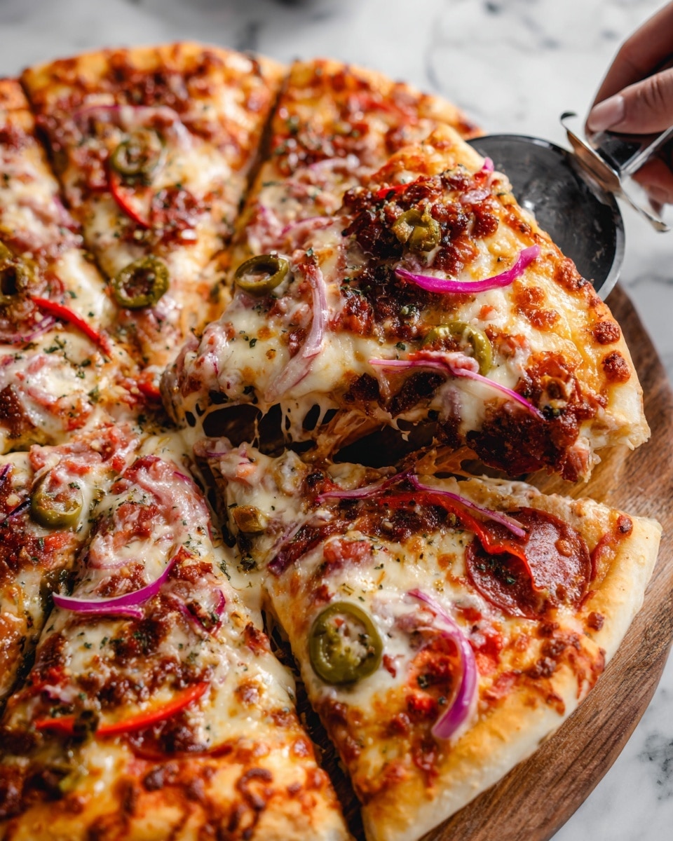 A close-up view of a large pizza being sliced by a woman's hand holding a metal pizza cutter. The pizza has a thin crust with golden brown edges and melted cheese that is white and slightly browned in places. On top, there are red pepper slices, green olives, red onion rings, pepperoni, and bits of browned cooked meat spread across the pizza. The pizza rests on a wooden board with a white marbled textured surface nearby. Photo taken with an iphone --ar 4:5 --v 7