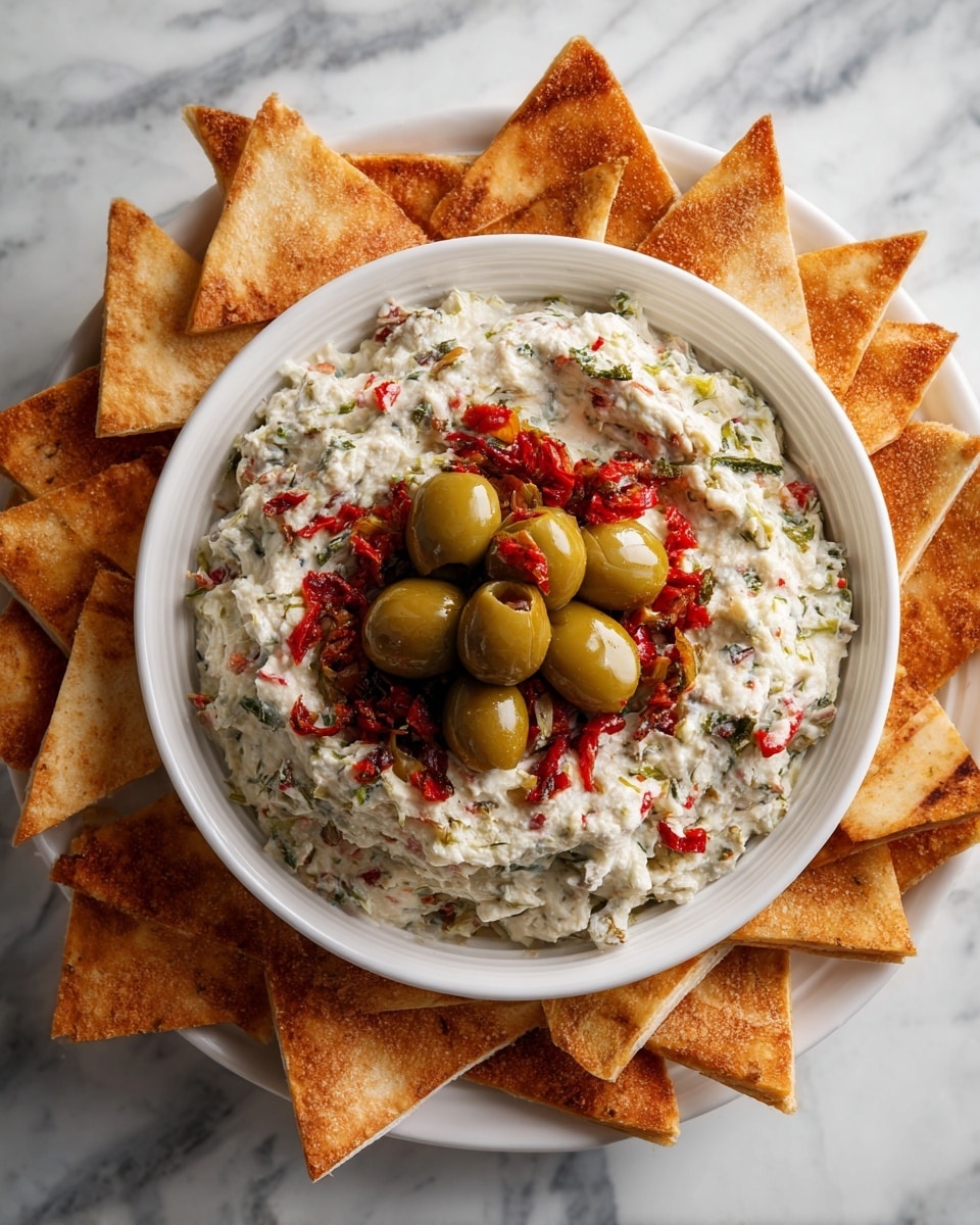 A white bowl with a ridged edge holds a thick layer of white creamy dip mixed with small bits of green and red vegetables. On top of the dip, there is a cluster of green olives stuffed with red pimentos, some whole and some sliced in half, placed in the center. The bowl is sitting on a white marbled surface and is surrounded by triangular, golden-brown toasted pita chips arranged in a circular pattern around the bowl. Photo taken with an iphone --ar 4:5 --v 7
